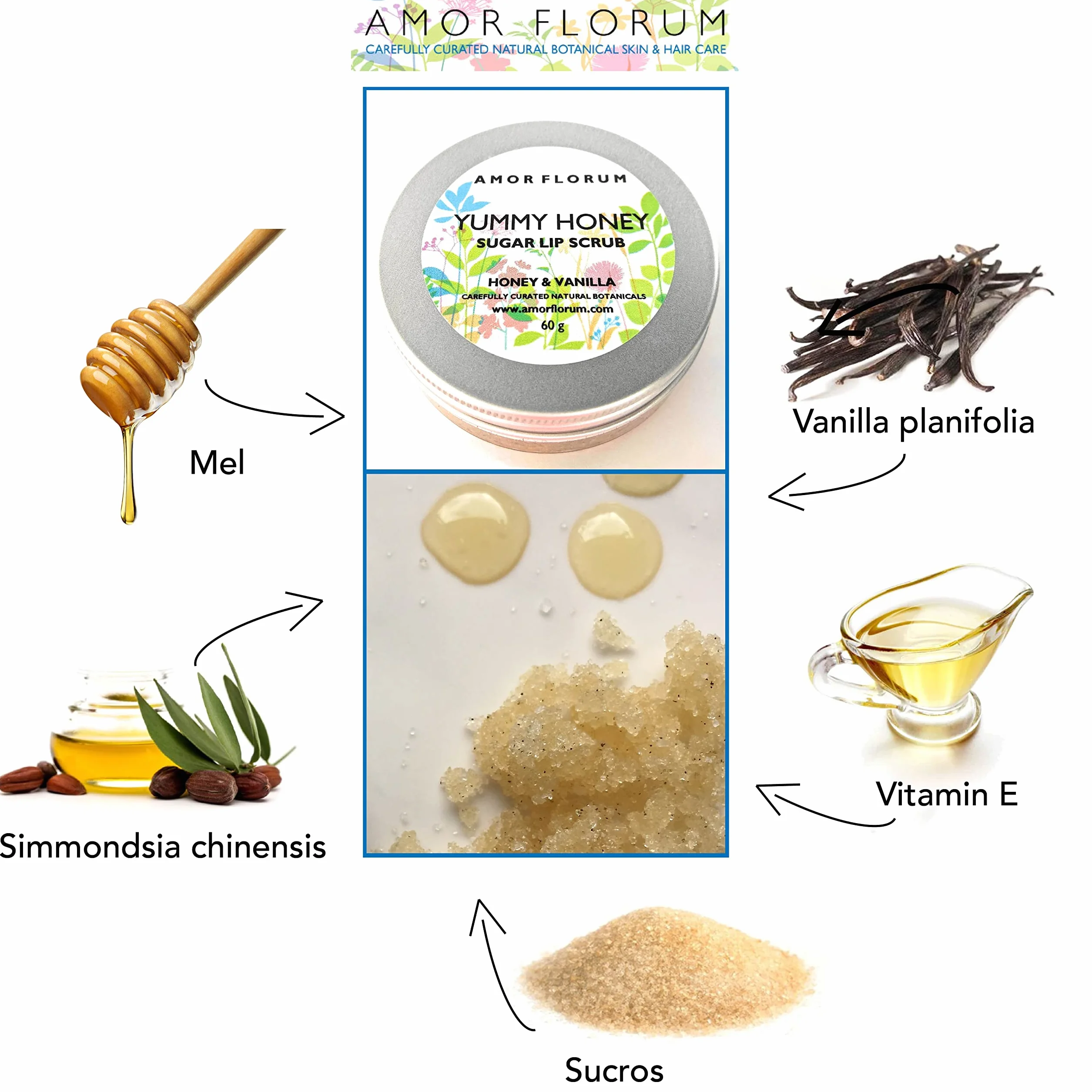 100% Naturel GOMMAGE AU SUCRE POUR LES LÈVRES - avec MIEL & VANILLE et HUILE DE JOJOBA & VITAMINE E - 60g - par AMOR FLORUM. Gommage au Sucre Exfolie et Nourrit les Lèvres en Douceur.