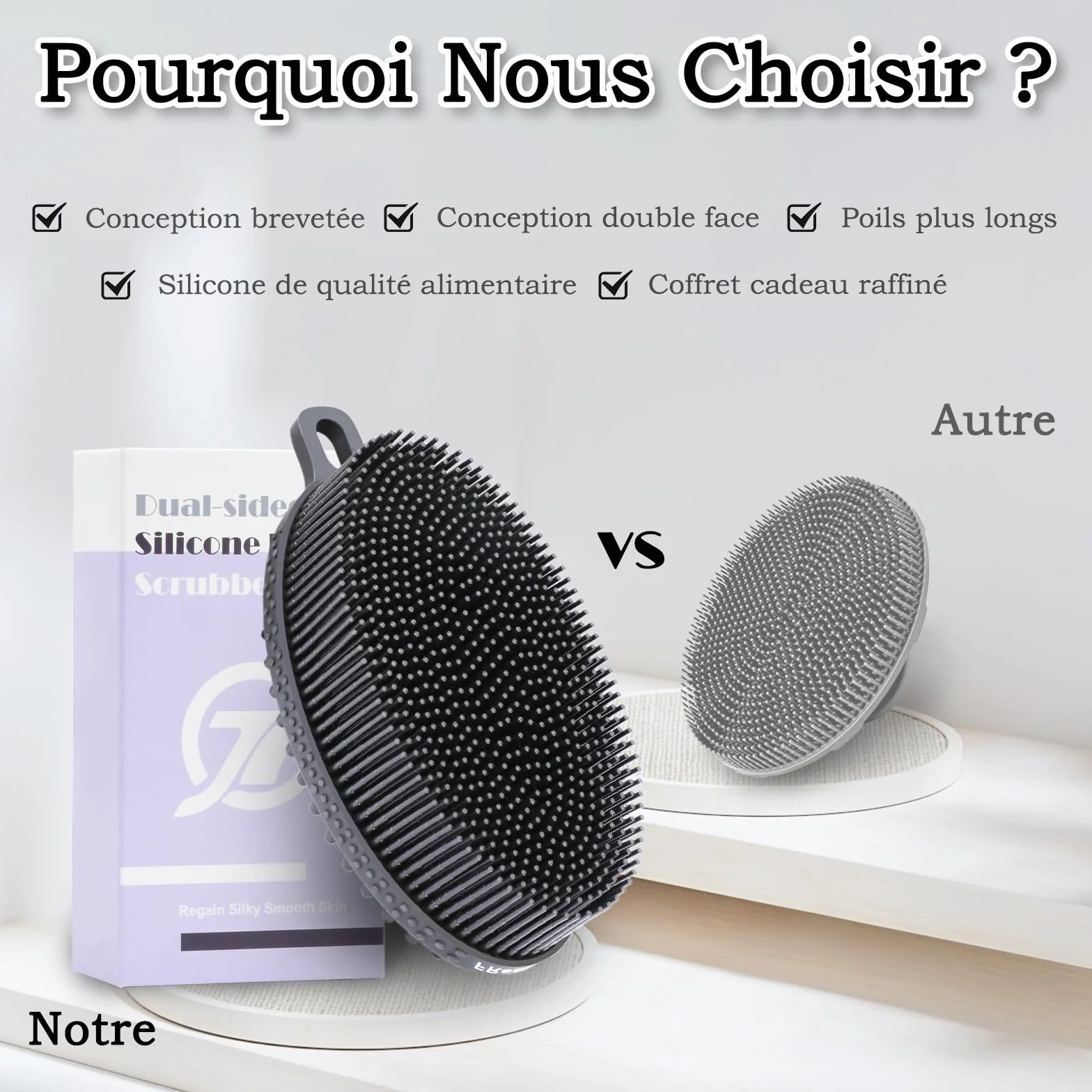 FREATECH Brosse Corps Silicone 2 Faces Bain Douche Exfoliation Massage Noir
