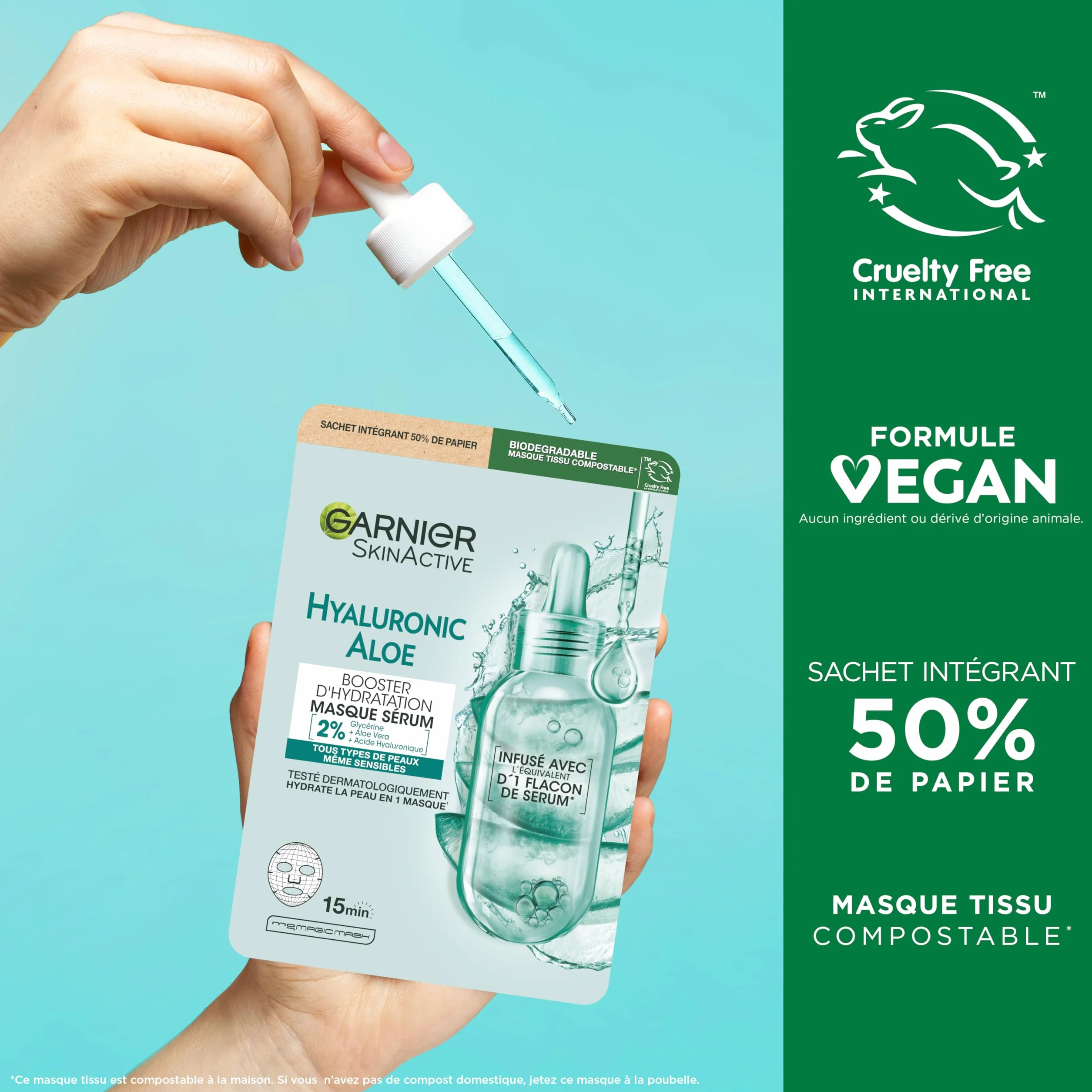 GARNIER Skin Active Masque Tissu Booster d'Hydratation Acide Hyaluronique Glycérine Aloe Vera Peaux Sèches & Sensibles