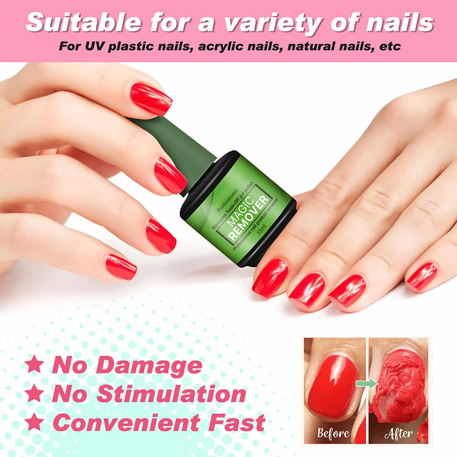 Dissolvant de Vernis à Ongles en Gel 15 ml, Magie Remover Vernis Professionnel