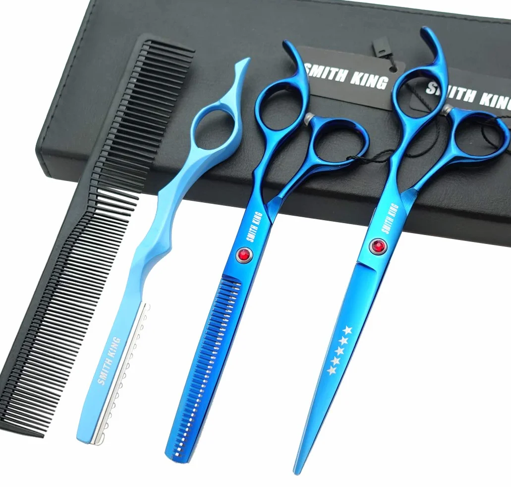 Jeu de ciseaux à cheveux de 7,0 pouces Ciseaux de coupe de cheveux et ciseaux à effiler avec des peignes de rasoir dans 1 ensemble (bleu)