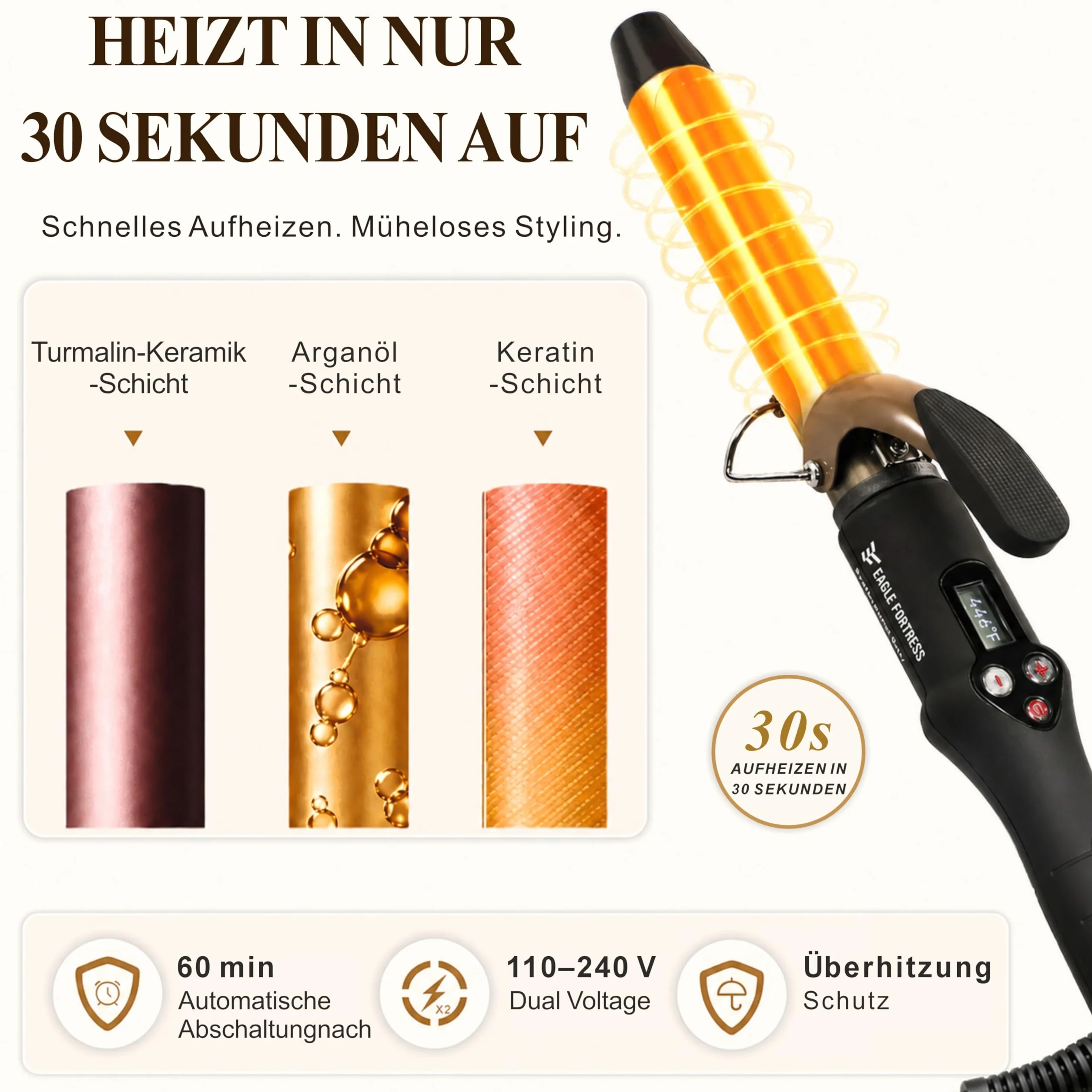 Fer à boucler professionnel avec écran LCD, 30 secondes, chauffage rapide, 60 °C à 230 °C, fer à boucler en céramique en aluminium avec pince, qualité salon pour tous les types de cheveux, câble