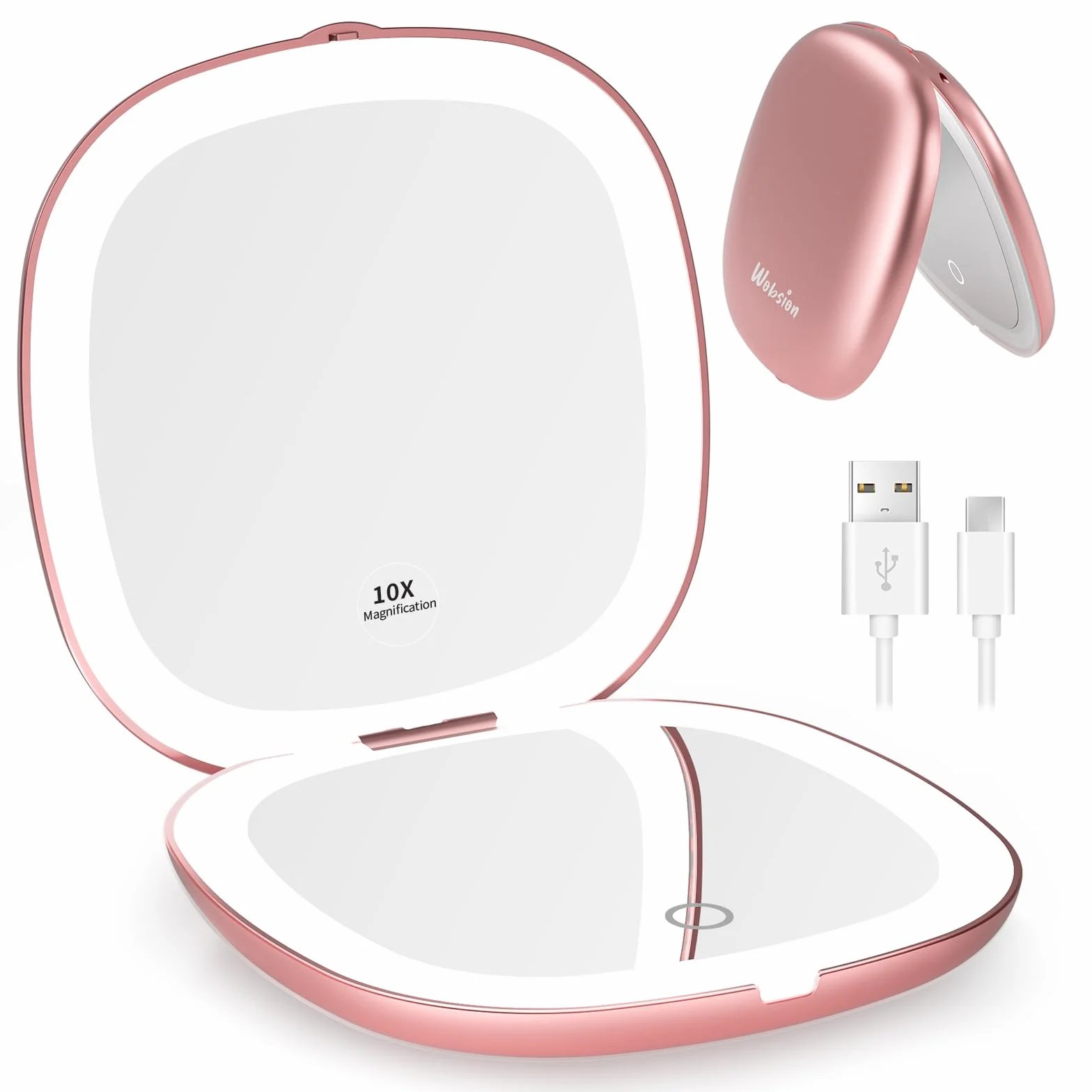 WOBSION Miroir de Poche Rechargeable, Miroir de Voyage Grossissant 1x/10x avec Lumière LED, Miroir de Maquillage Double Face pour Sac à Main, 10cm, Or Rose