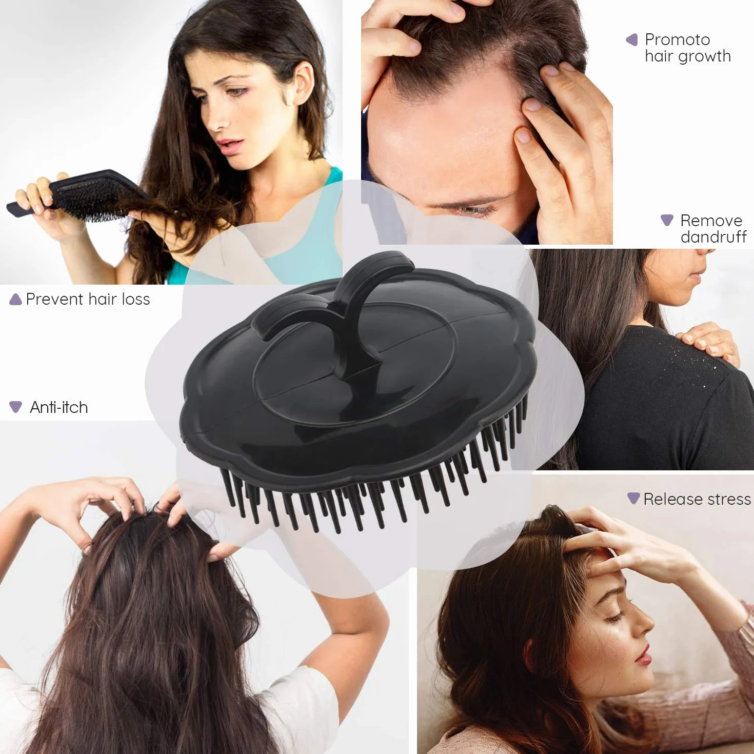 Segbeauty Brosse de Shampooing Masseur de Cuir Chevelu, Peigne de Douche Floral pour Cheveux, Pinceau à Barbe, Brosse pour Animaux - Noir