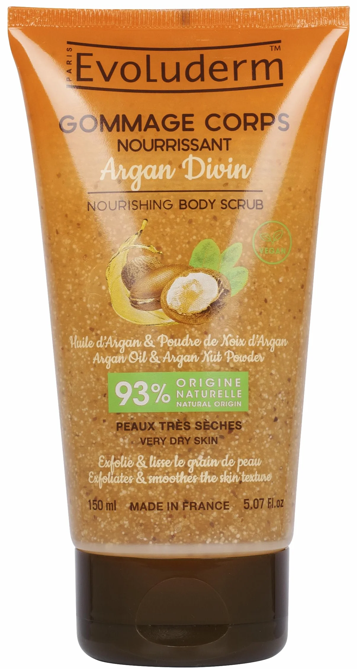 EVOLUDERM Gommage Corps Nourrissant Argan Divin 150 ml 93% d’Origine Naturelle Végan Fabrication Française