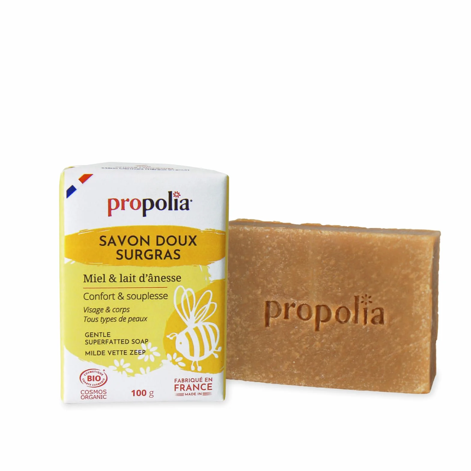 PROPOLIA Savon Doux Surgras Visage Corps Miel Lait d’Ânesse 100g Peaux Sensibles