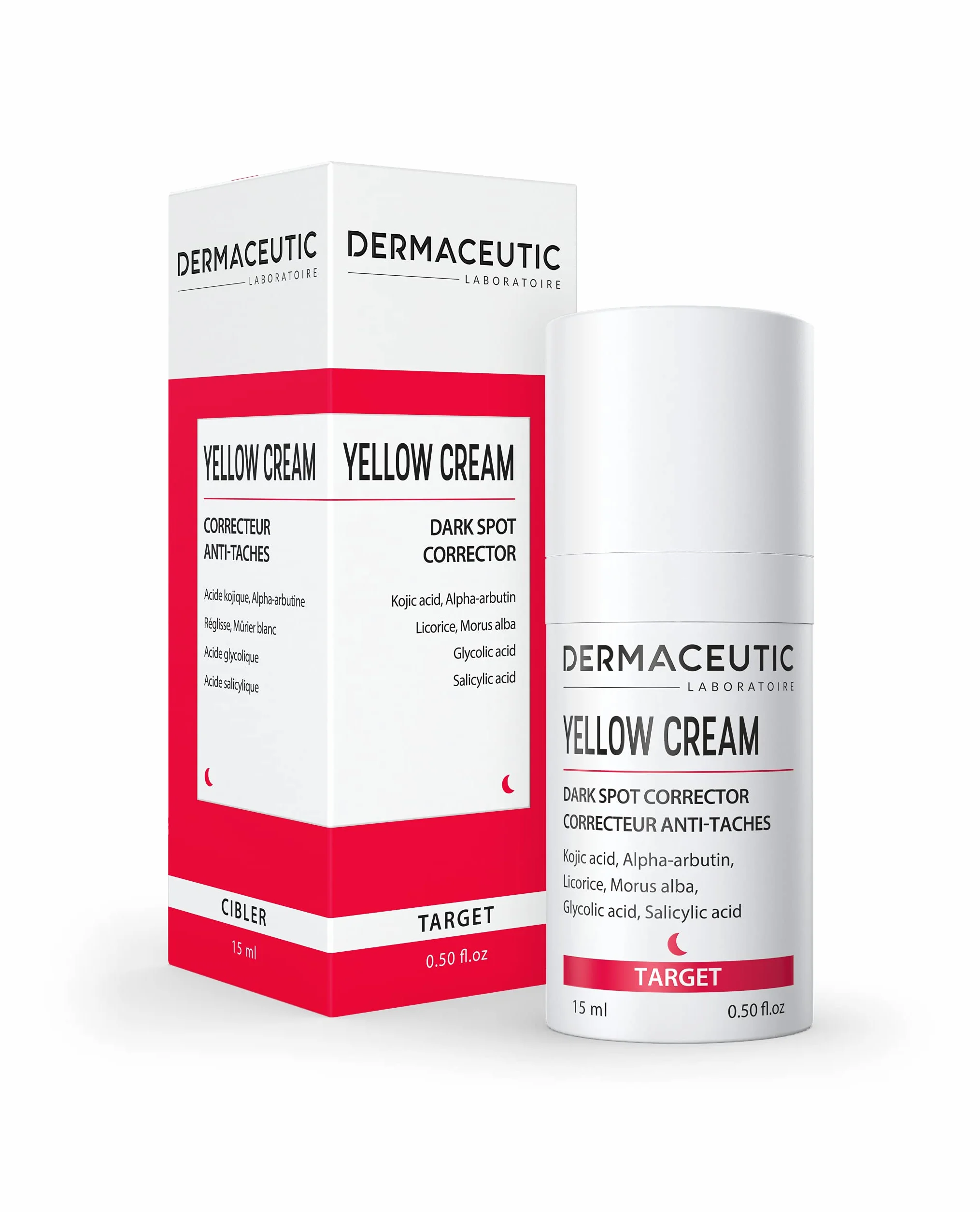 Yellow Cream de Dermaceutic - Correcteur anti-tâches contenant de l'Acide Kojique, de l'Alpha-Arbutine, de l'Extrait de Réglisse, Extrait de Mûrier blanc, de l'Acide Glycolique et Salicylique - 15ml
