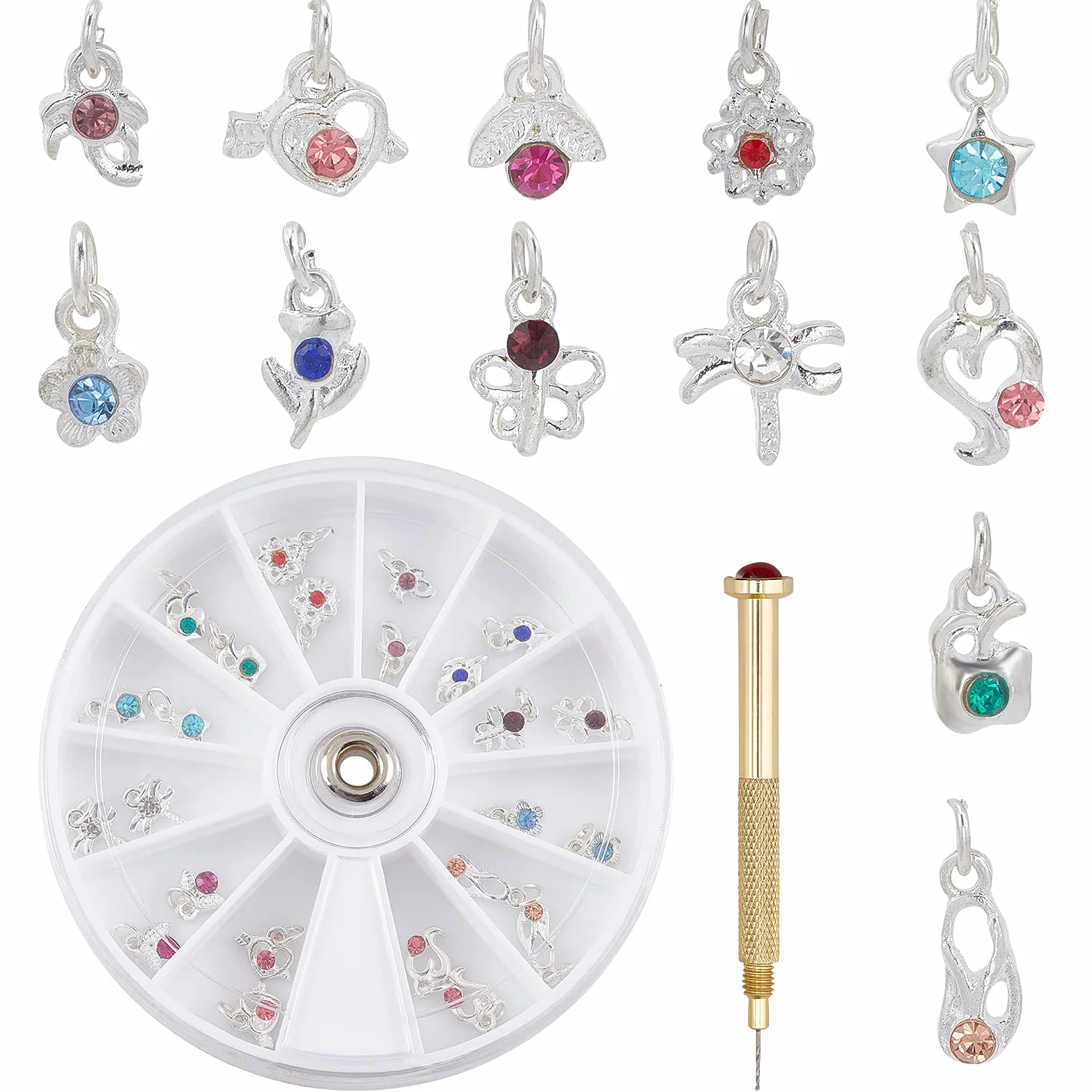 OLYCRAFT 24Pcs Dangle Nail Art Accessoires Anneaux de Bijoux pour Ongles avec Perceuse Manuelle Alliage