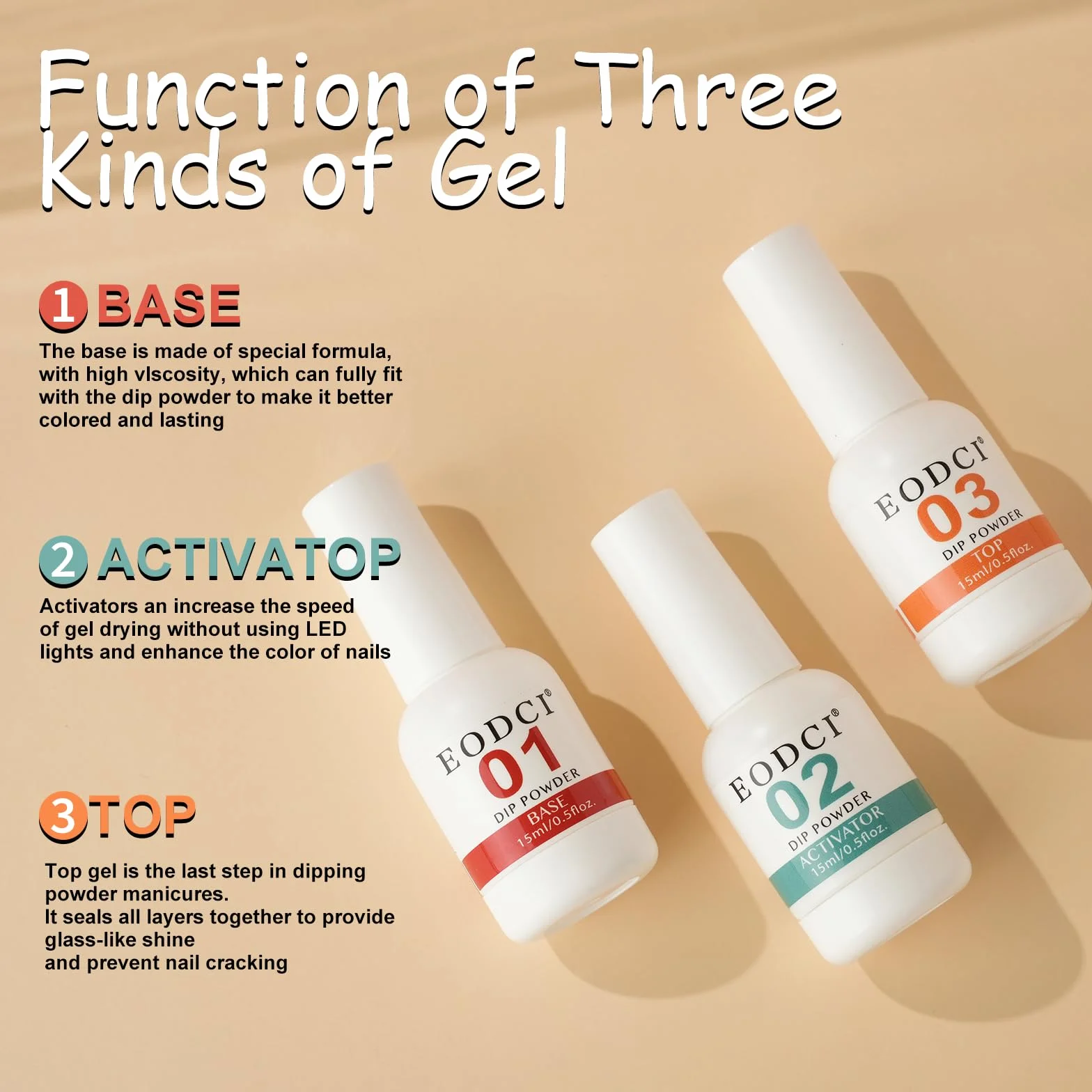 Lot de 3 flacons poudre trempage Essentials 15 ml base top coat activateur kit manucure liquide bricolage salon