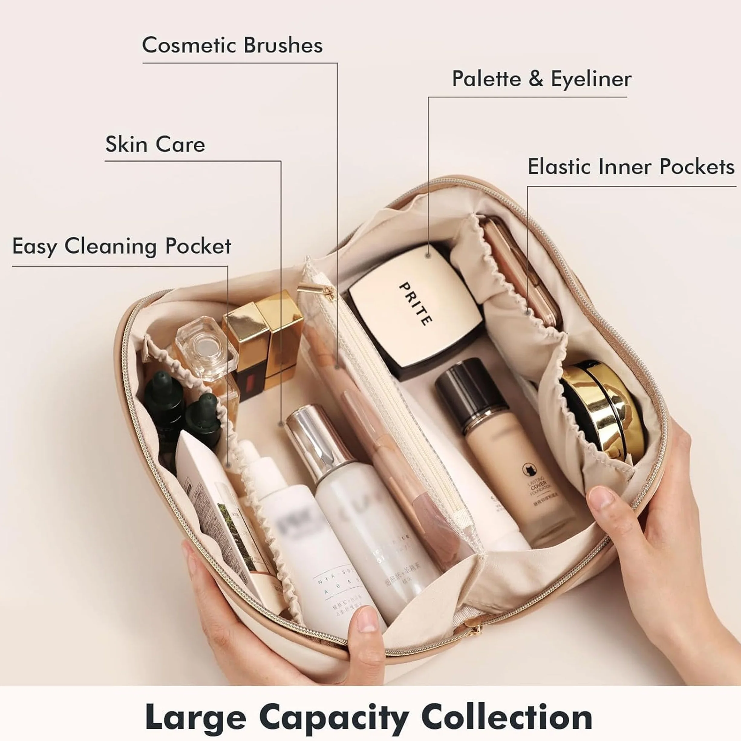 Prite Trousse de Maquillage en Cuir PU Imperméable pour Voyage avec Séparateur Transparent et Poignée Beige