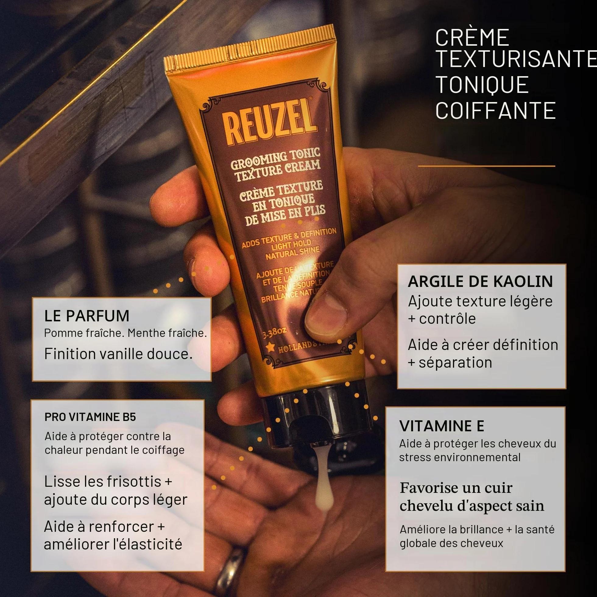 Reuzel Grooming Tonic Texture Cream, tenue moyenne et définition, texture bouclée et brillance, protection contre la chaleur pour tous les types de cheveux, 100 ml