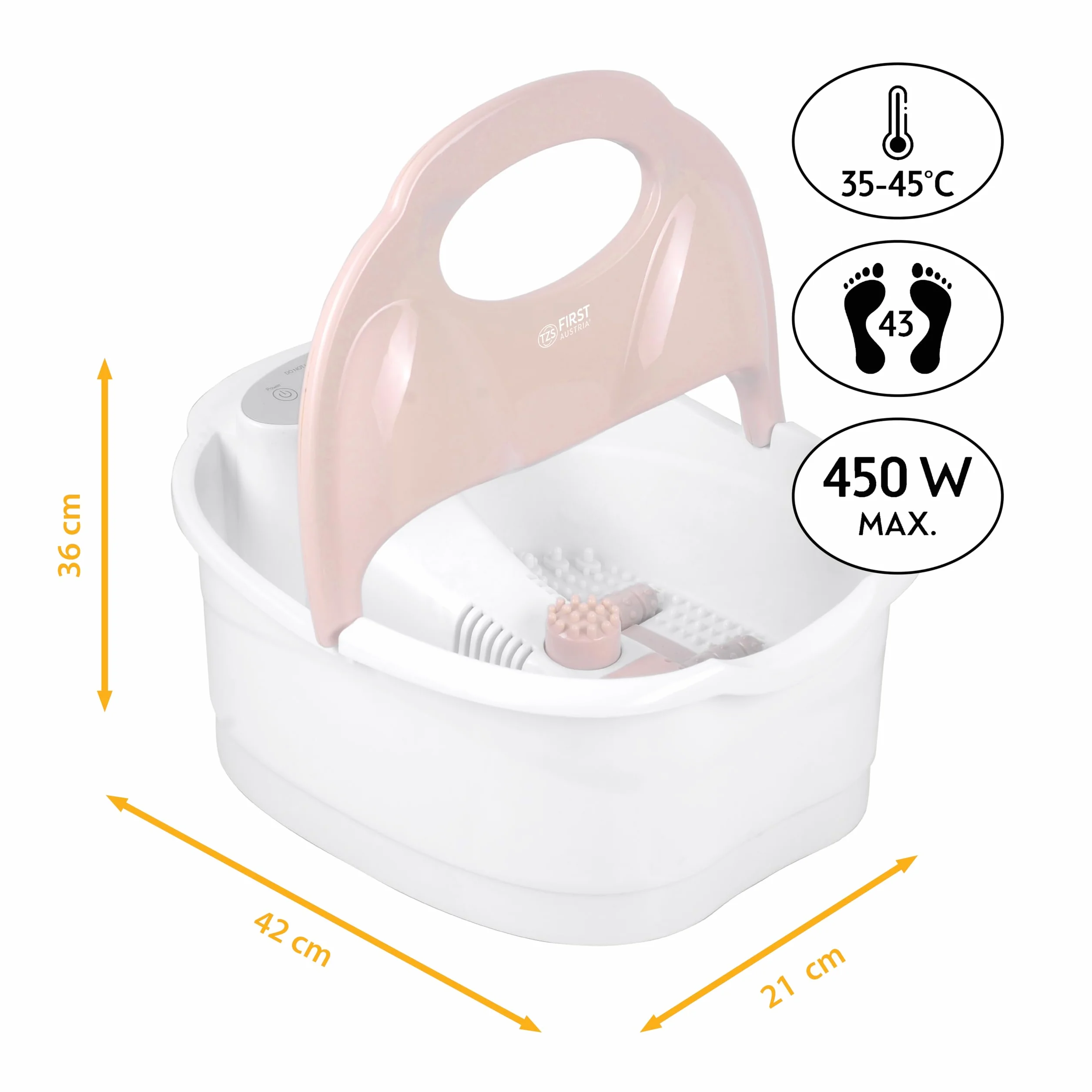 TZS First Austria - Bain de Pieds avec Massage - 450W - Écran LED & Lumière Rouge - Jusqu'à la Pointure 43 - 3 Accessoires, Protection Anti-Éclaboussures & Boîte à Arôme - Beige