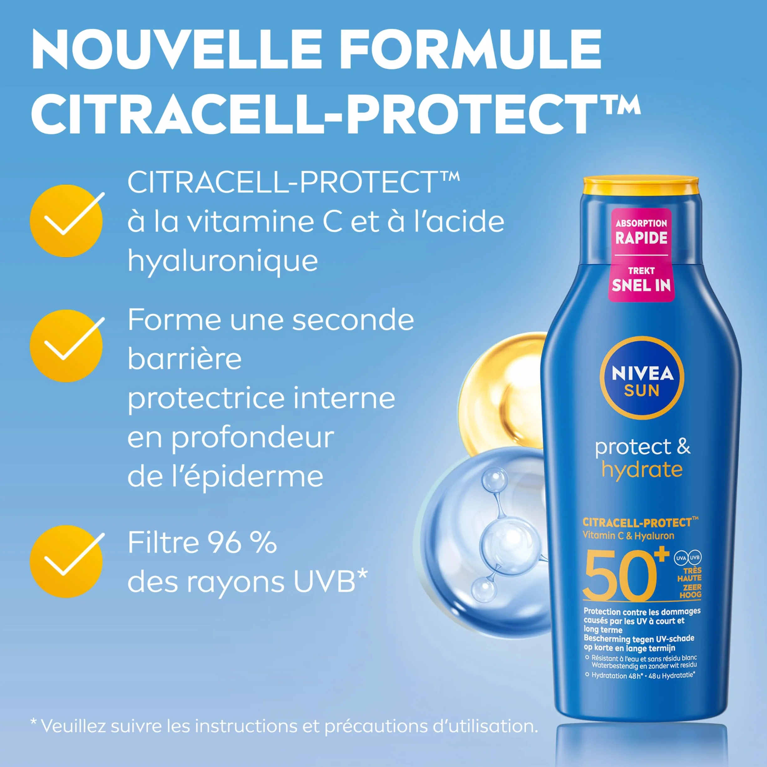 NIVEA SUN Lait Solaire Protect & Hydrate SPF 50+ 400 ml Crème Solaire résistante à l'eau Haute Protection Visage et Corps