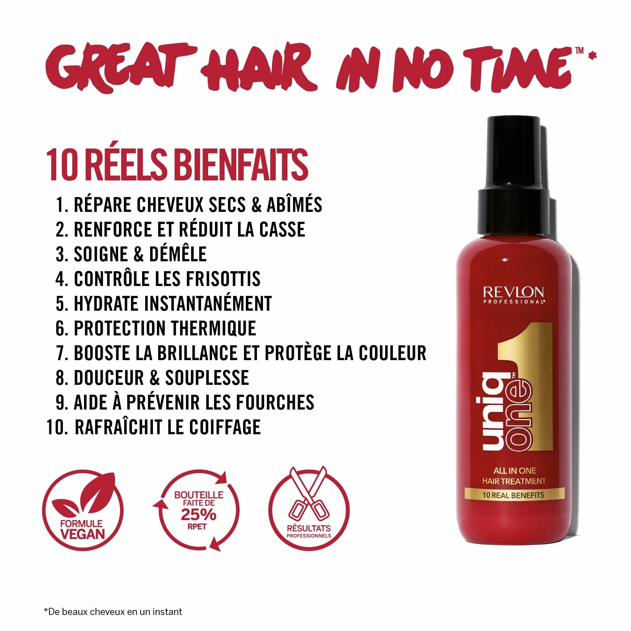 Revlon Professional UniqOne Masque en Spray Sans Rinçage 150 ml Soin Cheveux Nourrissant Réparateur Vegan