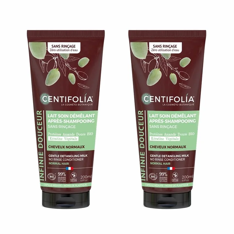 Centifolia | Lot de 2 Laits Soin Démêlants Douceur Sans Rinçage 200 ml | Cheveux normaux | Kératine végétale & Protéines d’amande BIO | Hydrate, démêle et adoucit | Leave-in vegan