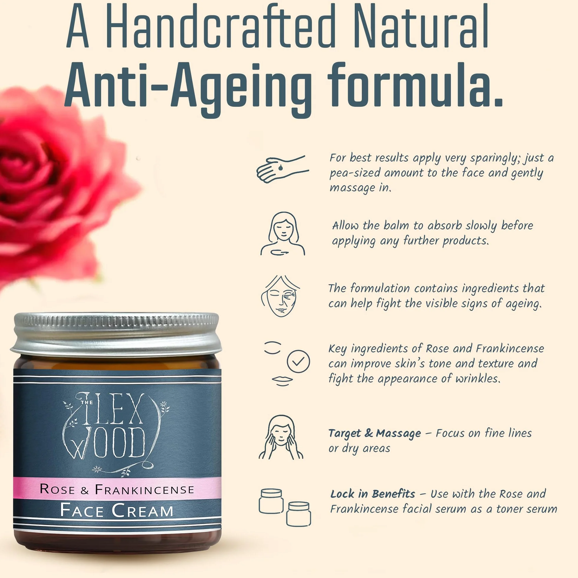 Crème visage anti-âge hydratante à la rose et à l'encens Ilex Wood 60 ml naturelle Végane
