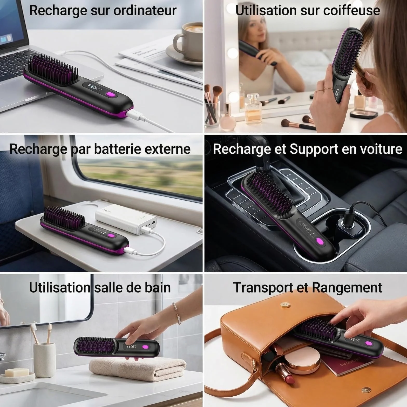 Brosse Lissante Rechargeable Sans Fil Portable pour Cheveux Courts et Longs, Volume Naturel, Design Compact (Rose)