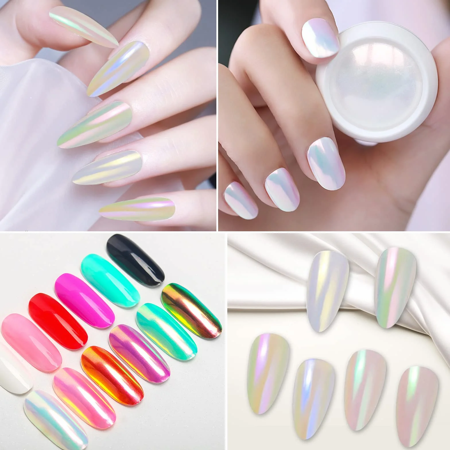 Poudre Perles Chromées et Coquillages Blancs, Pigments Chrome Magiques avec Paillettes pour Ongles