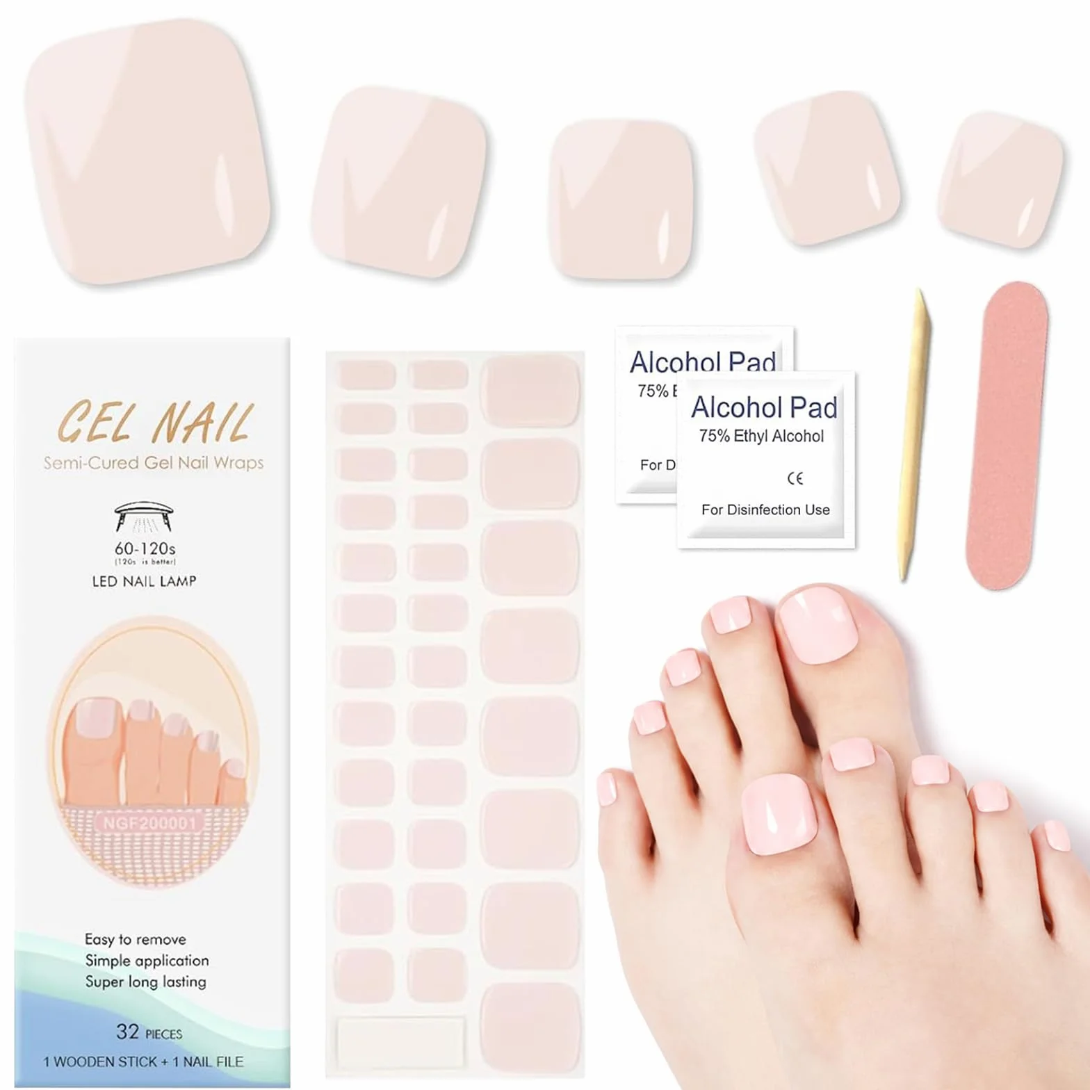 Autocollants de Vernis à Ongles d'Orteil Semi-durci 32PCS, Couleur Unie, Autocollants Ongles Pieds Couverture Complète, Sticker Ongle Auto-adhésif, Bandes d'Ongle d'Orteil pour Femme Fille (Nude Rose)
