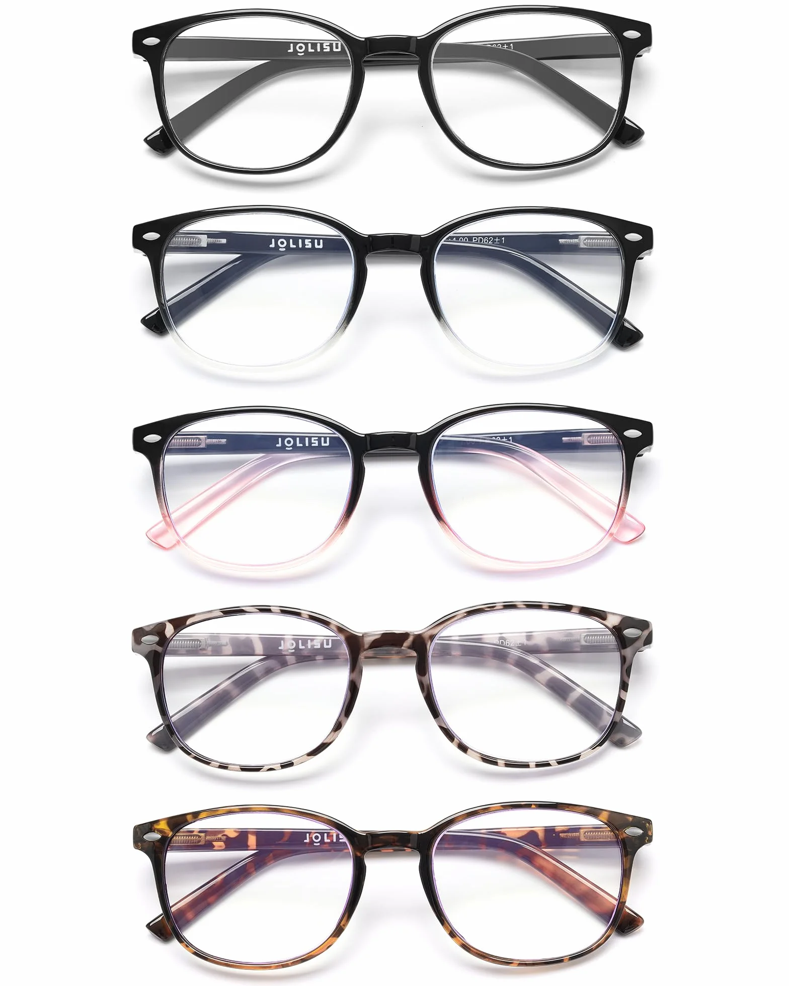 Lunettes de lecture JOLISU 5 Pack pour femmes, charnière à ressort, anti-lumière bleue