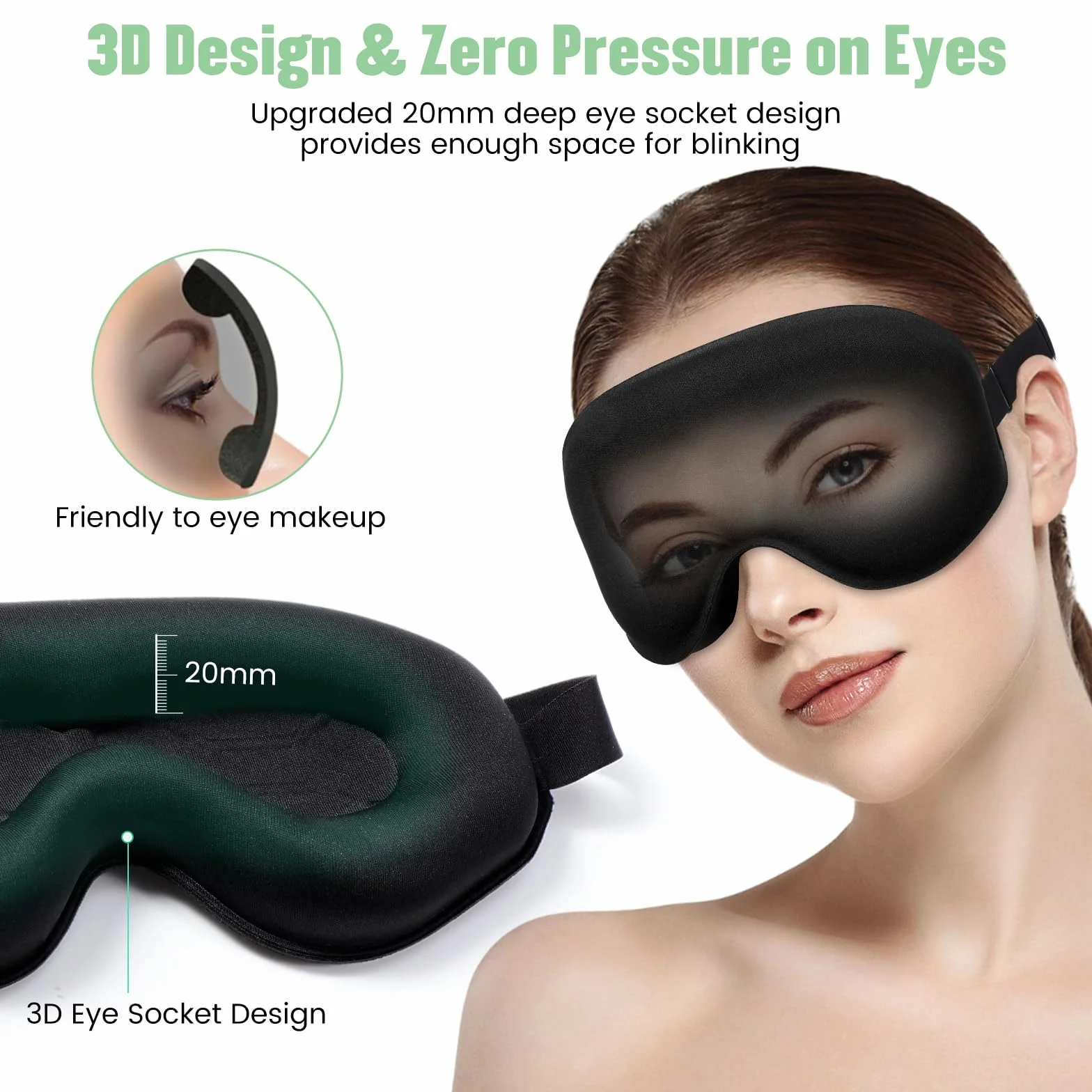 Masque de Nuit 3D Cache Yeux pour Dormir Bloquer la Lumière 20mm Contour Profond Doux Confortable Femme Homme