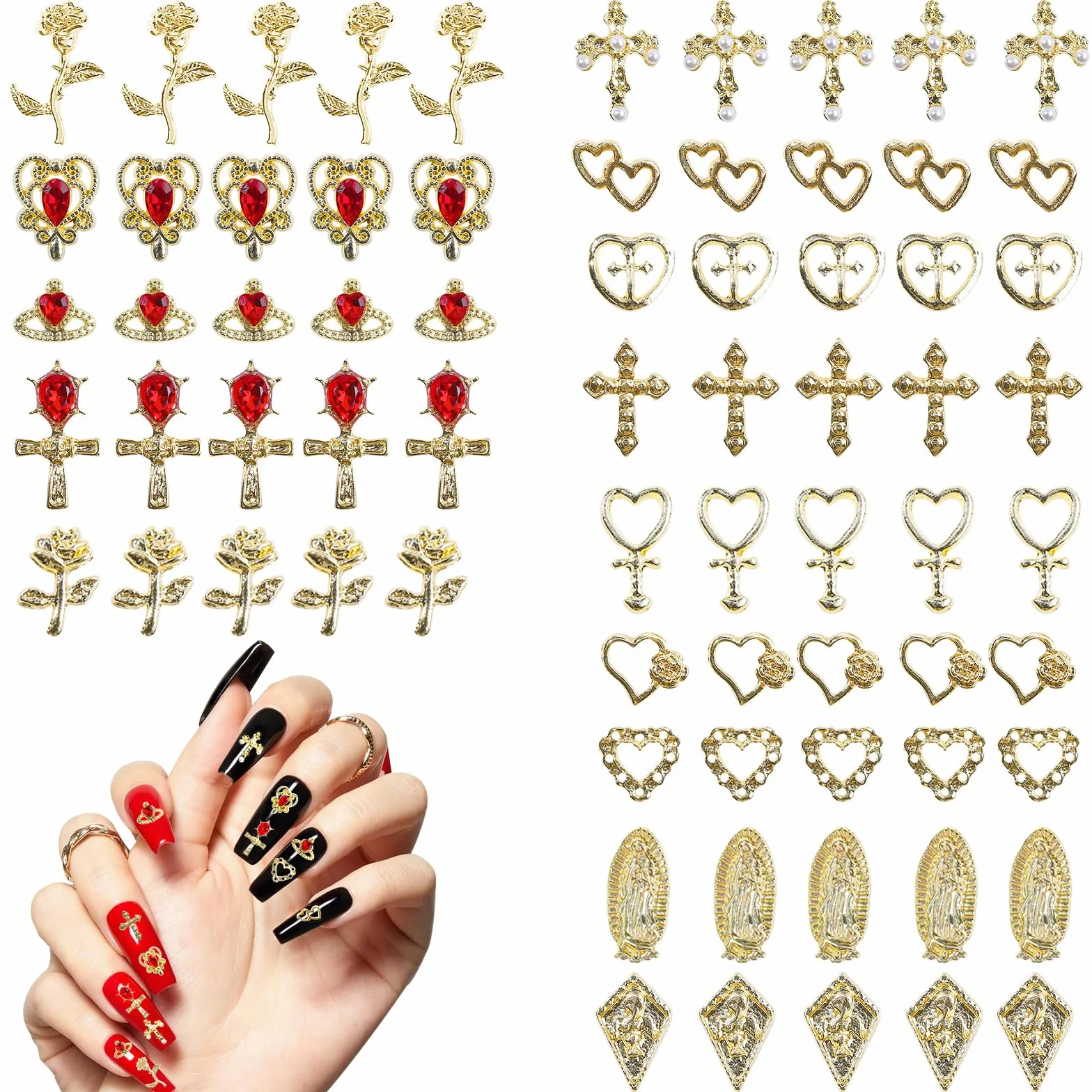 70 Pièces 3D DIY Ongles Charmes Or, Croix Rose Coeur Vierge Marie Décorations d'Art d'Ongle