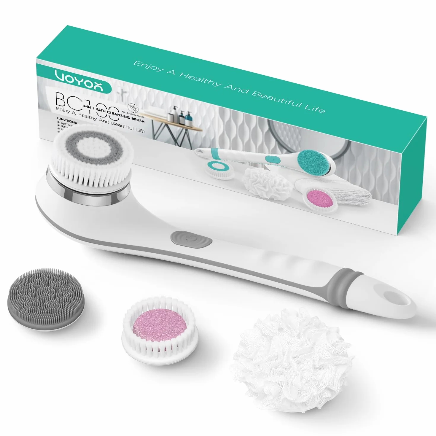 VOYOR 4 en 1 Brosse Dos Douche Électrique Brosse Douche pour Le Dos avec Manche Long pour Femme Homme Exfoliant, Nettoyage De La Peau, Massage Rechargeable Sans Fil BC100 (Gris)
