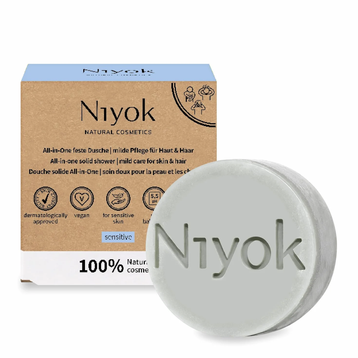 Niyok Douche Tout-en-Un Sensitiv 80g Savon Corps Cheveux Visage Soin Doux Naturel Végan