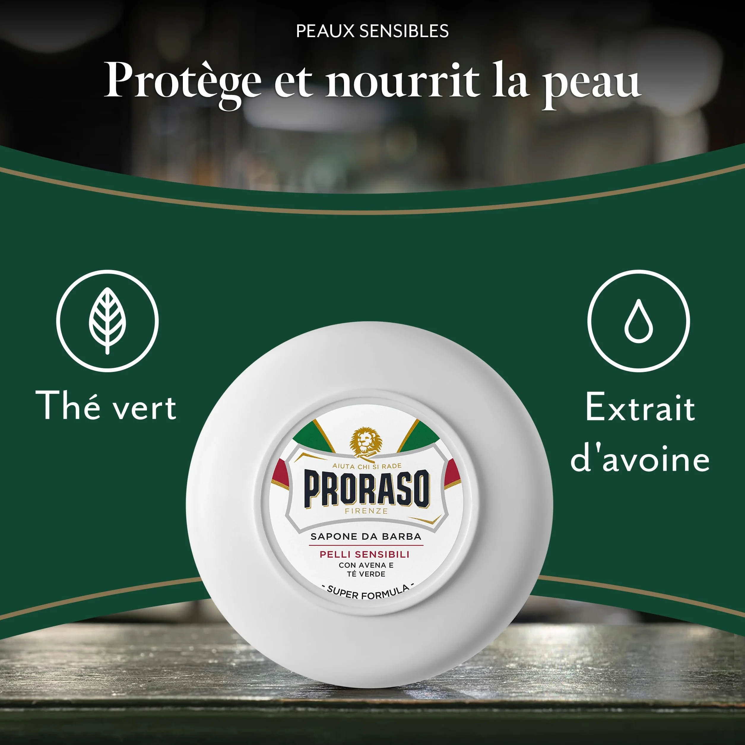 Proraso Savon à raser peaux sensibles 150 ml – Soin visage homme anti-irritations au thé vert et extrait d'avoine