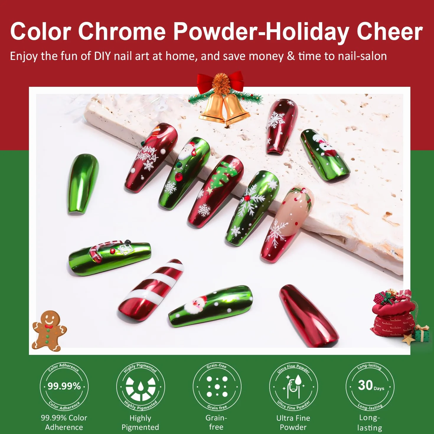 Rouge et Vert Poudre Chrome Ongle Rouge – Poudre Chromée Effet Miroir pour Ongles, Nail Art Chrome Pigment, Christmas Red Nail Powder
