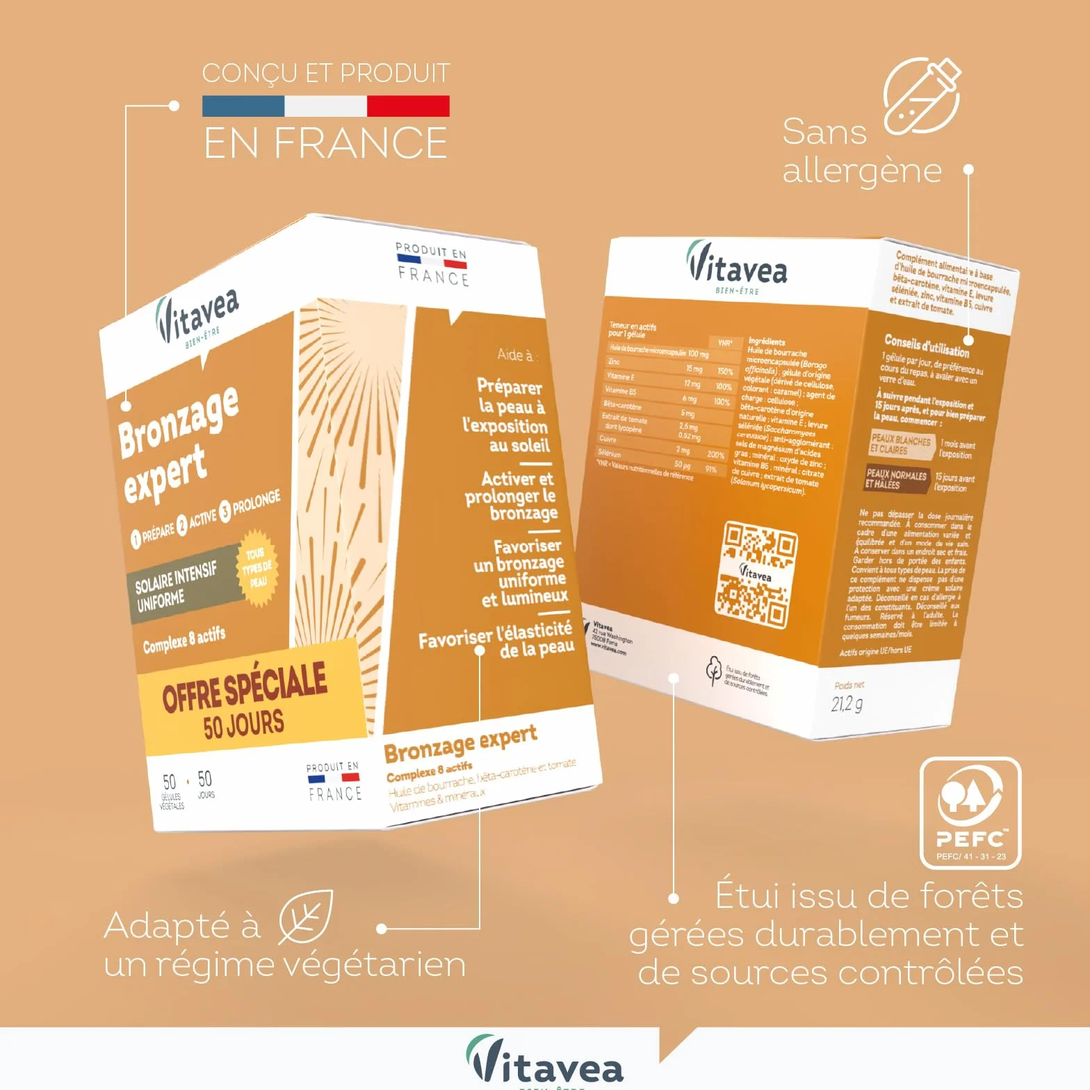 Vitavea Bronzage Expert Prolongateur de Bronzage après Soleil Complément Alimentaire Huile de Bourrache Bêta-Carotène Zinc Vitamine E Cuivre