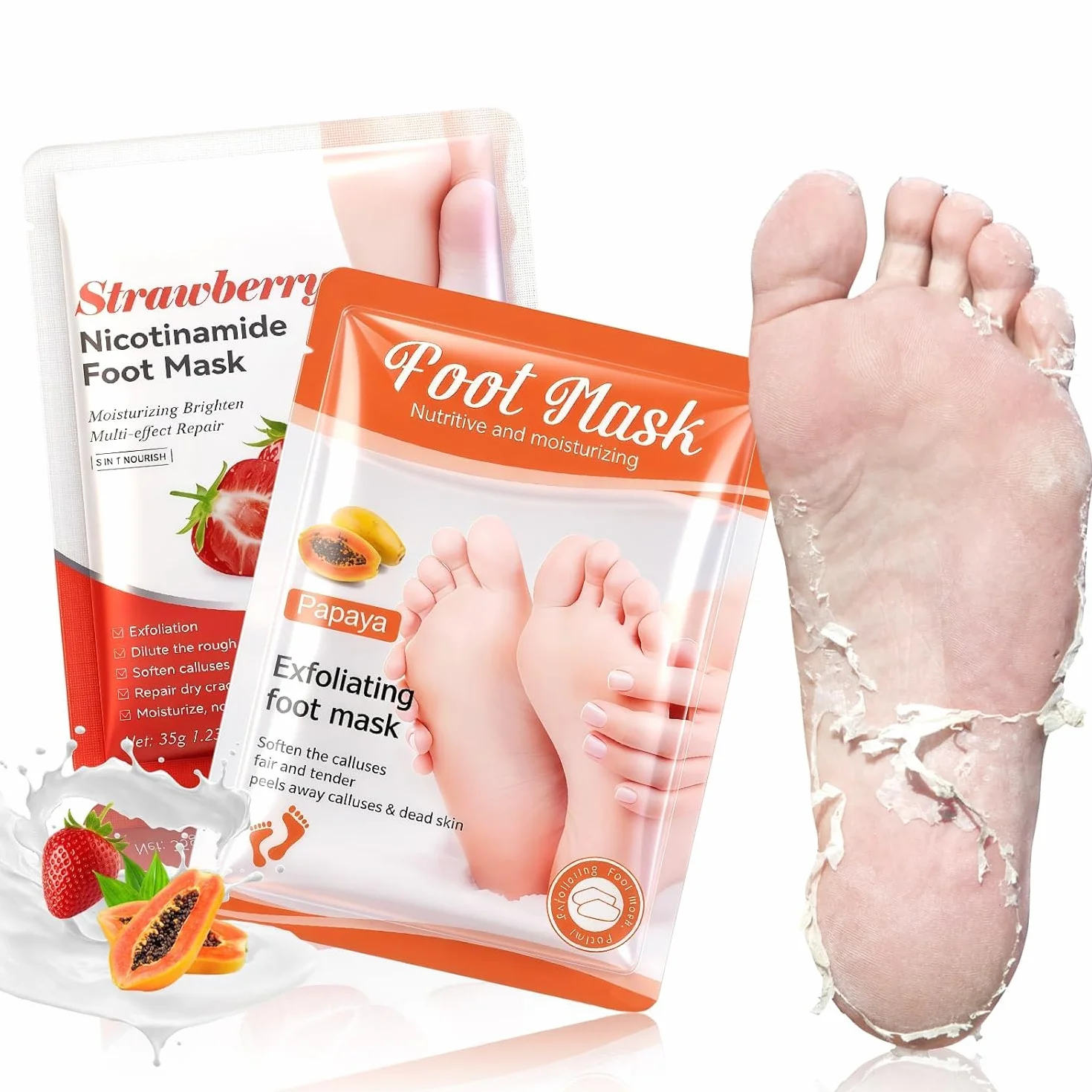 Masque Pied Exfoliant 2 Paires, Chaussette Exfoliante Pieds Secs Abîmés, Hydratation Profonde Fraise Papaye