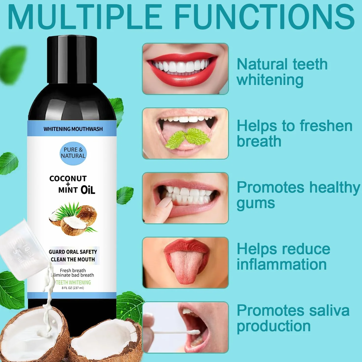 Naturel Bain de Bouche Blanchissant Huile de Noix de Coco Menthe Poivrée Rafraîchit Haleine Blanchit Dents Gencives Saines