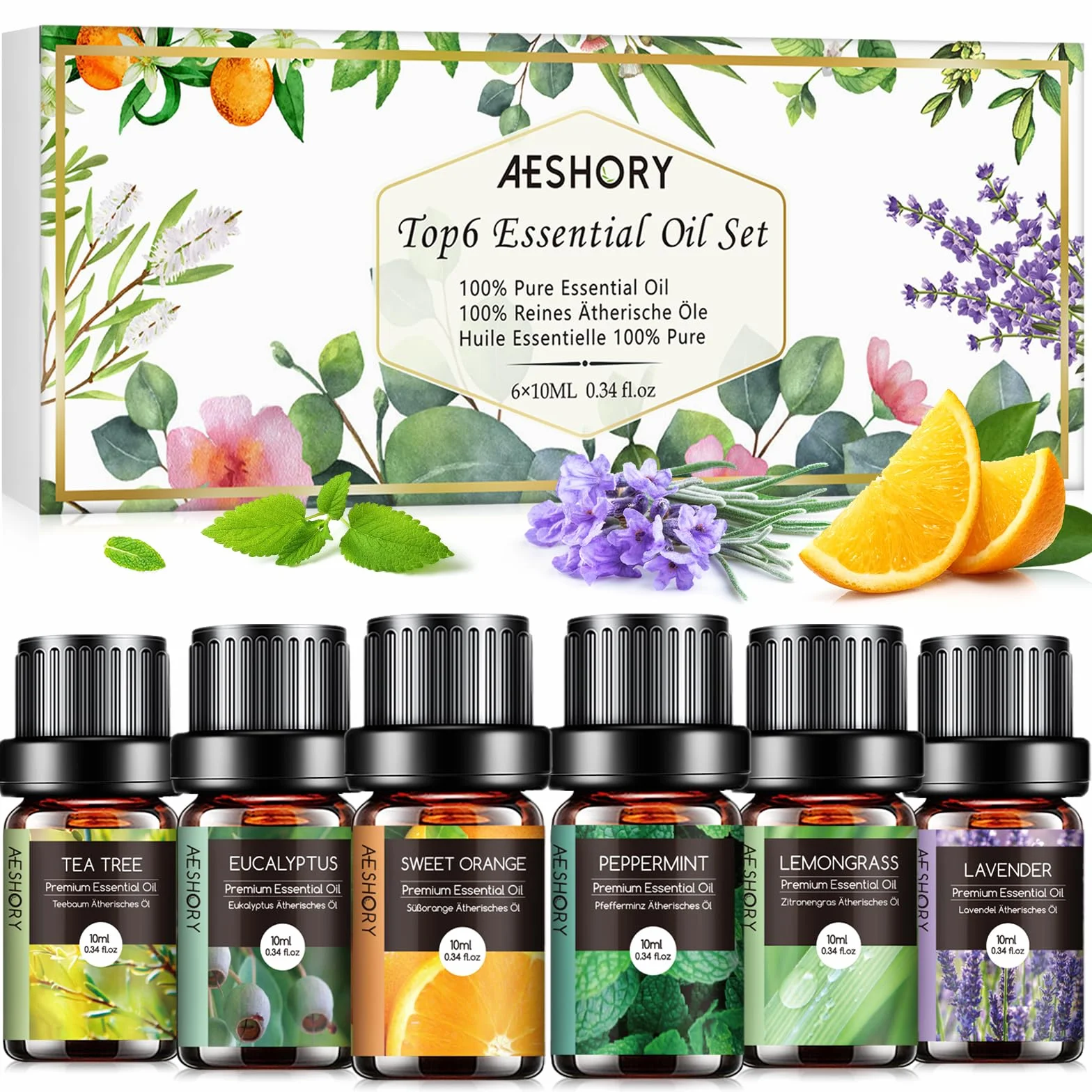 Kit Huiles Essentielles 6 x 10ml Aromathérapie Lavande Orange Douce Menthe Poivrée Arbre à Thé Citronnelle Eucalyptus