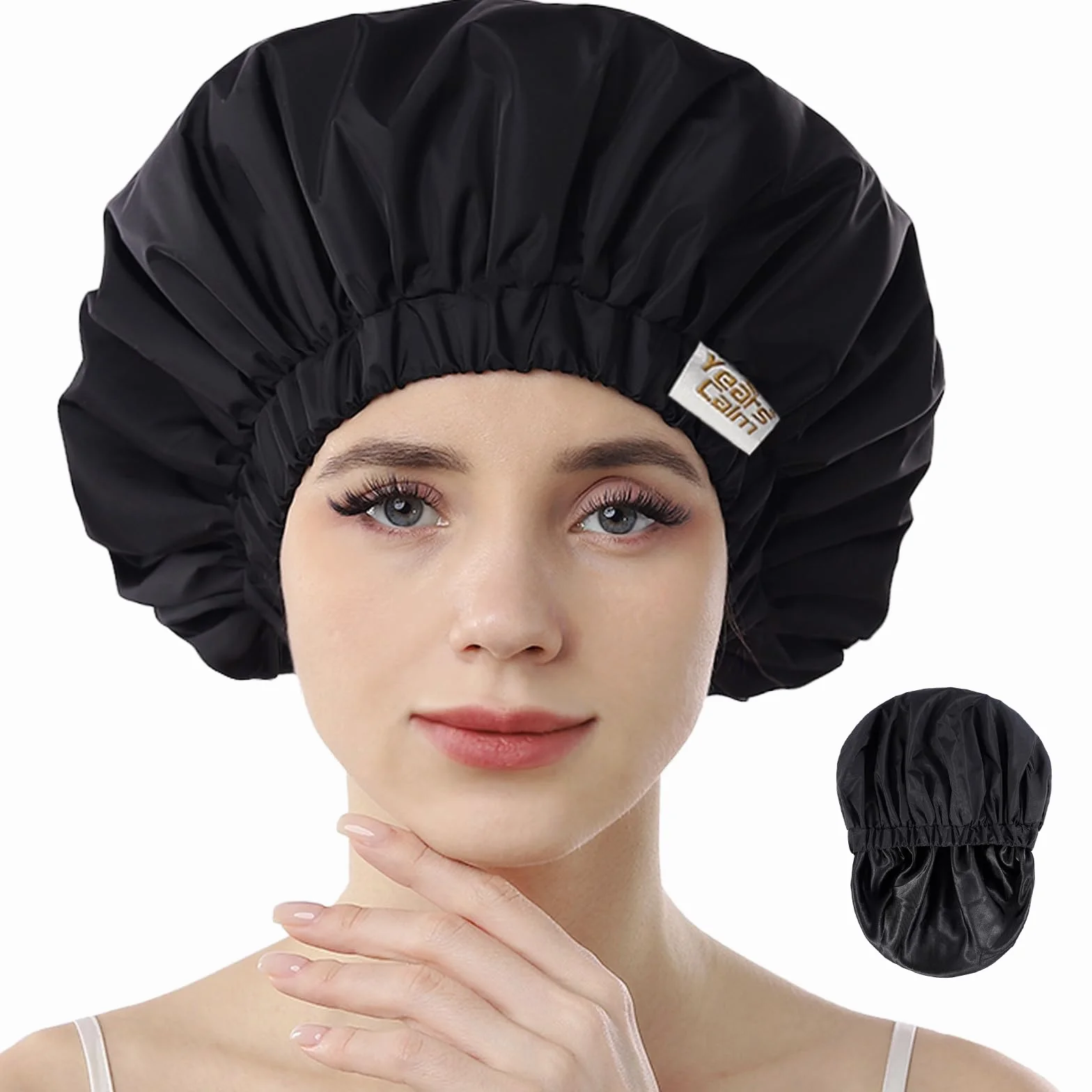 Bonnet de douche imperméable réutilisable pour femme, design élastique double couche, noir