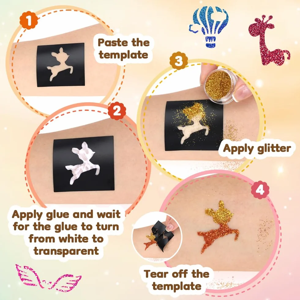 Bledras Kit Tatouage Paillettes- Enfant 36 Couleurs, 178 Pochoir, 4 Pinceaux - Tatouage Ephemere Imperméable, Cadeaux raffinés adaptés aux enfants de 3 à 12 ans