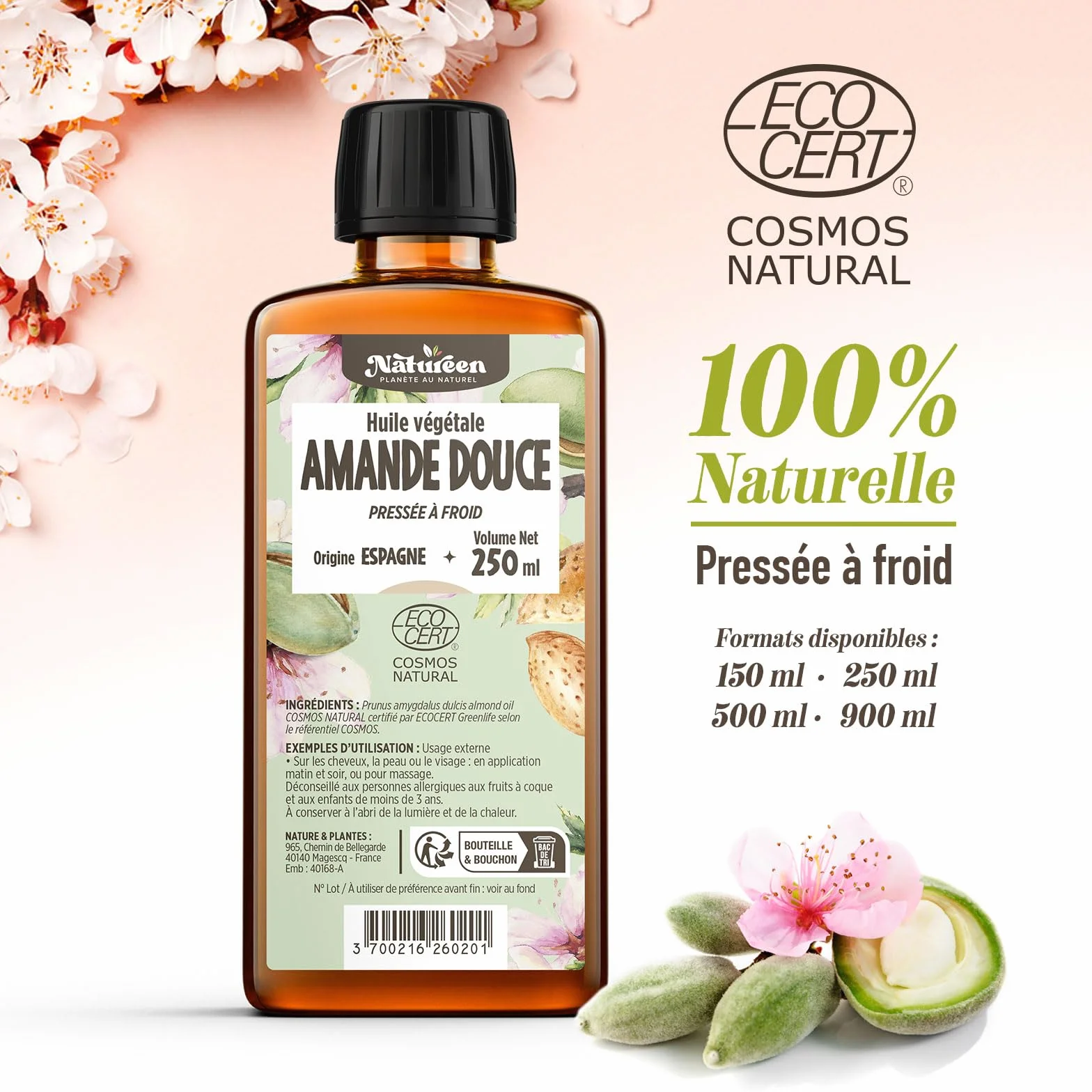 Huile d'Amande Douce 900 ml Cosmos Natural Natureen Pressée à froid Cheveux Peau Visage