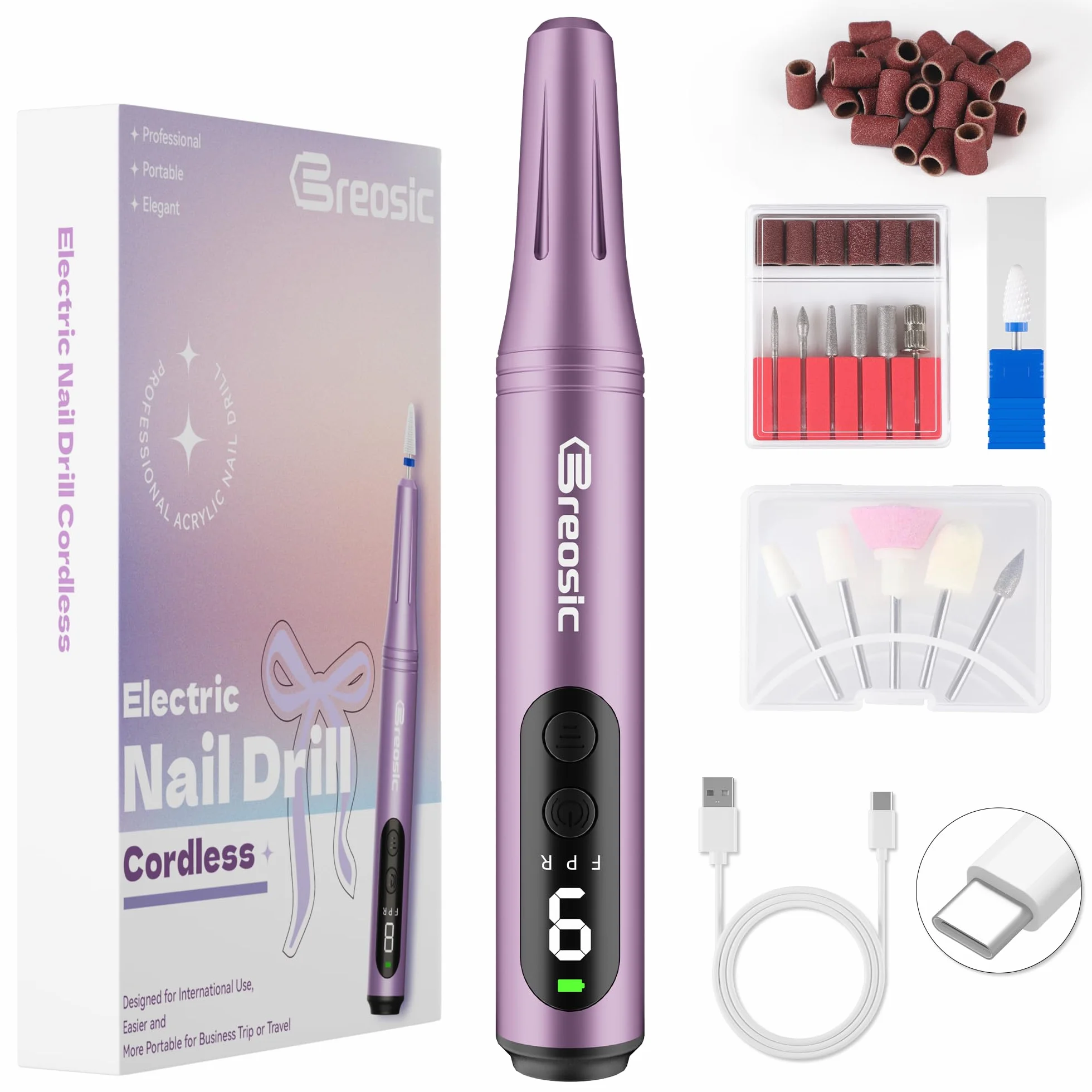 Ponceuse pour Ongles Professionnelle 35000 tr/min, Lime à Ongle Électrique Portable, 9 Vitesses Réglables, Kit Manucure Pédicure USB-C (Violette)