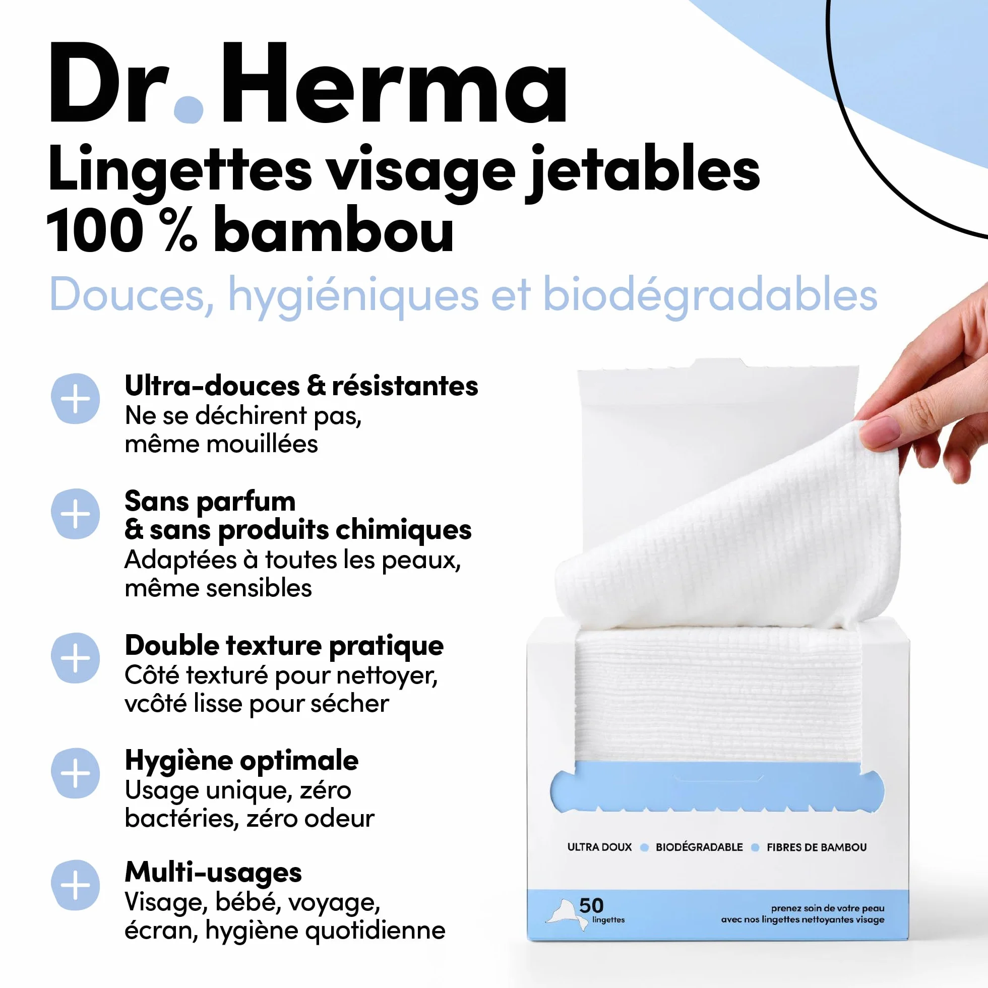 Lingettes Bambou Démaquillantes Nettoyantes Visage 50 unités Peaux Sensibles