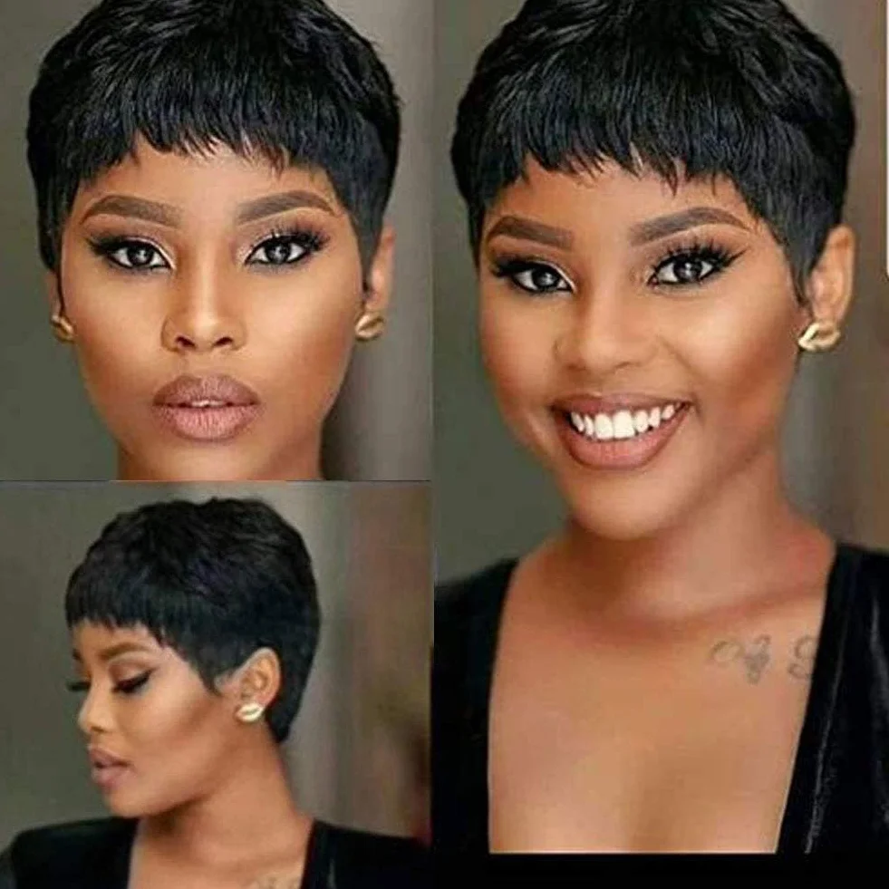 Perruque Femme Naturelle Courte Pixie Perruque Courte en Cheveux Humains Short Human Hair Wig with Bangs Droit Brésilienne Couche Cheveux avec Frange Perruques (Noir)