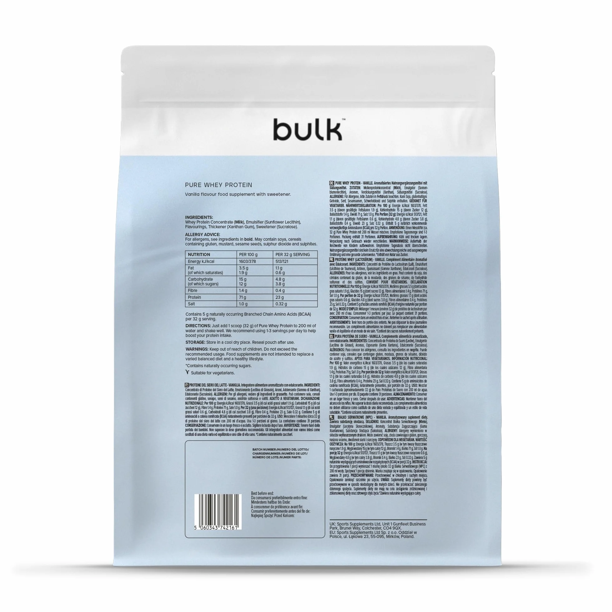 Pure Whey Protéine en Poudre Vanille 23g Protéines 5g BCAA Shake 1kg