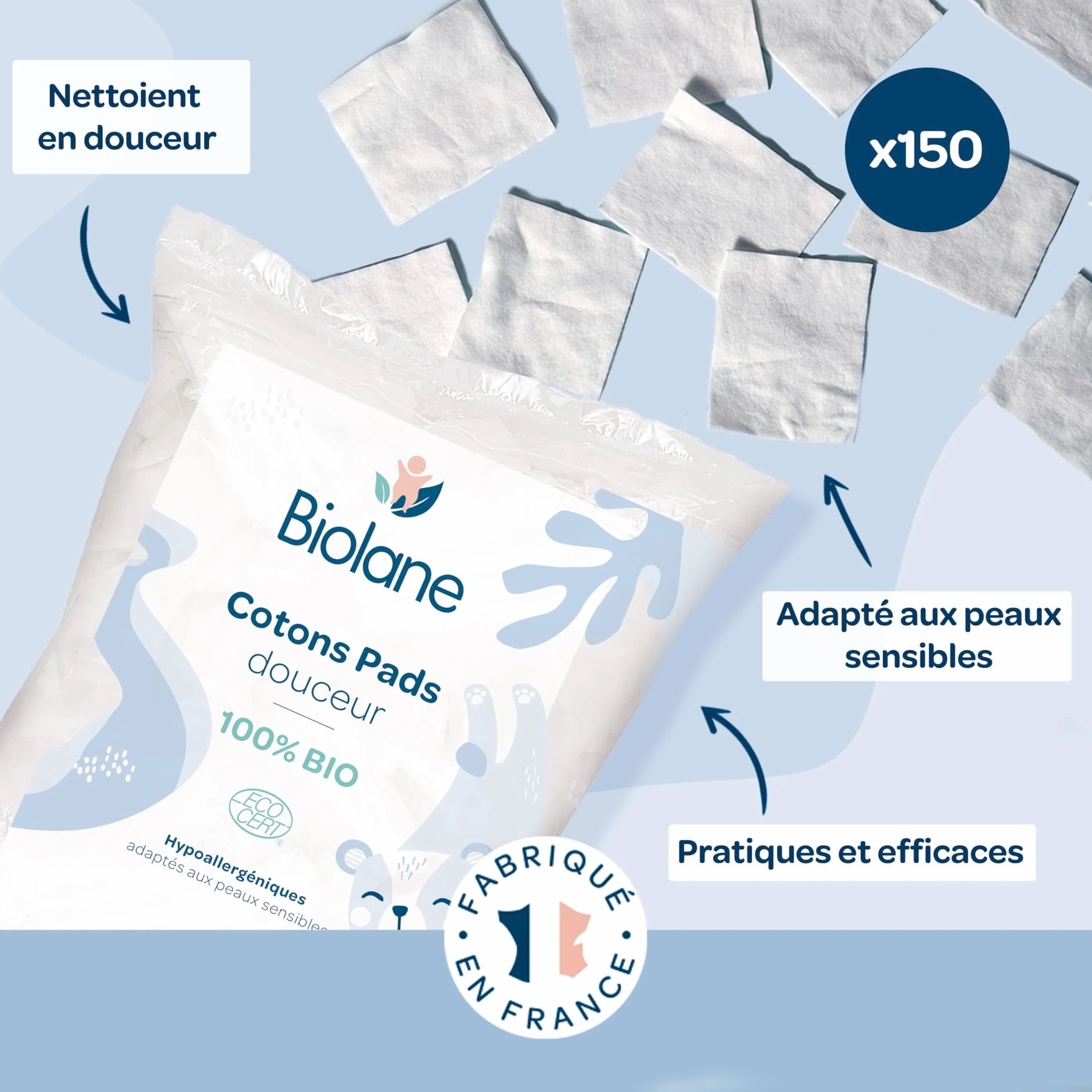 BIOLANE Lot de 3 Cotons pads douceur Bébé 100% Bio 150 Cotons Peaux sensibles Fabriqués en France
