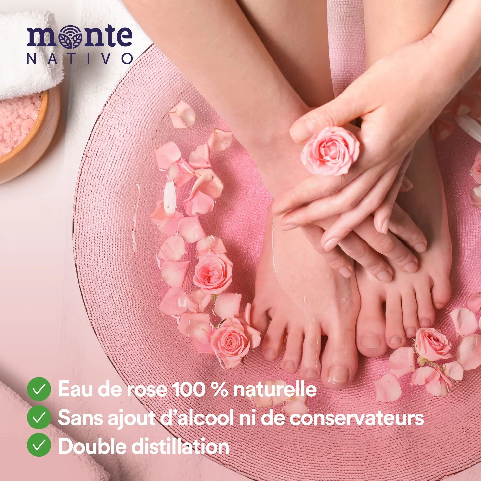 MonteNativo Eau de Rose Hydrolat 500ml Lotion Tonifiante Visage Triple Purification