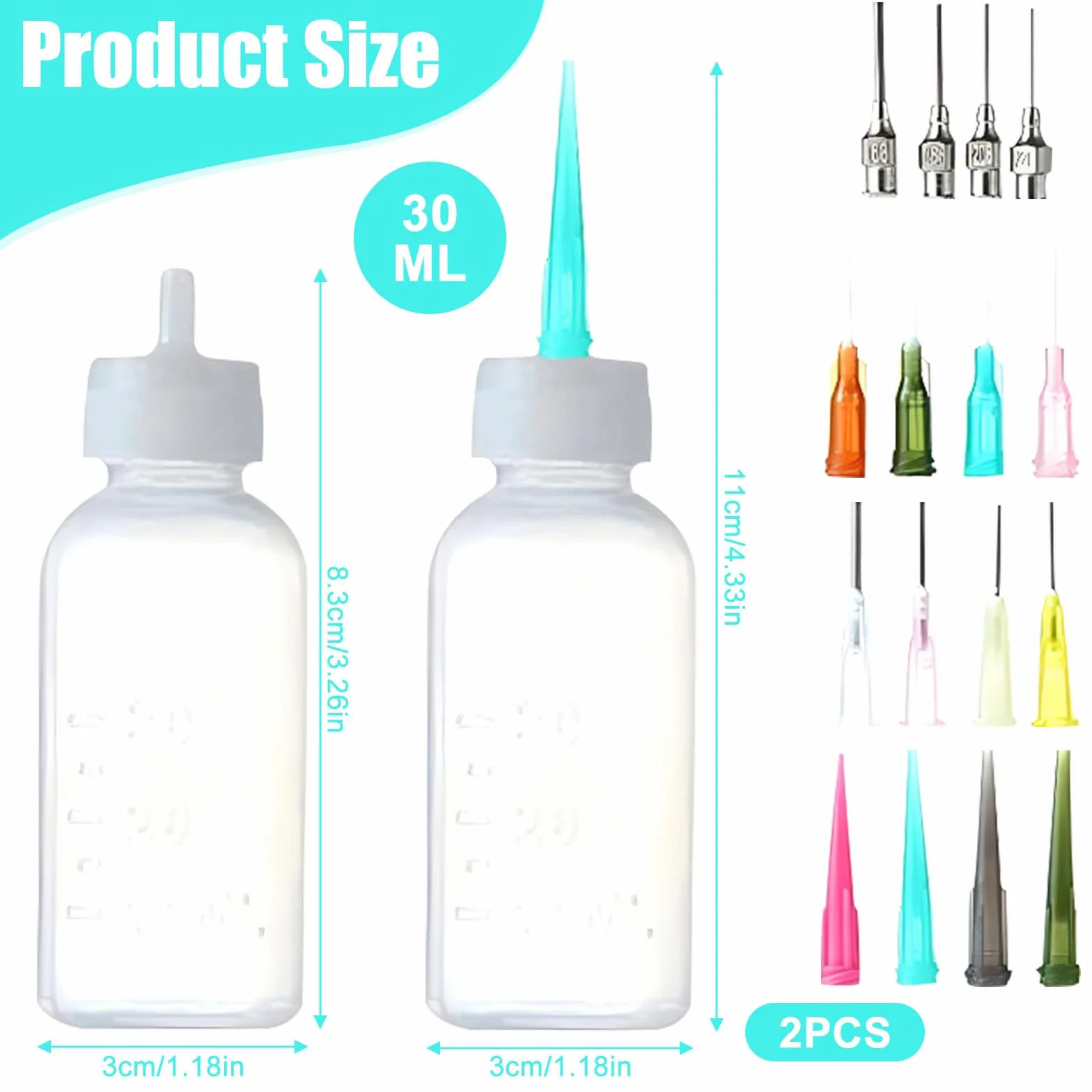 CAILI Bouteille en plastique de tatouage,Tip Precision Applicateur Set bouteilles Contient 2 bouteilles applicateurs vides avec 16 aiguilles Conseils