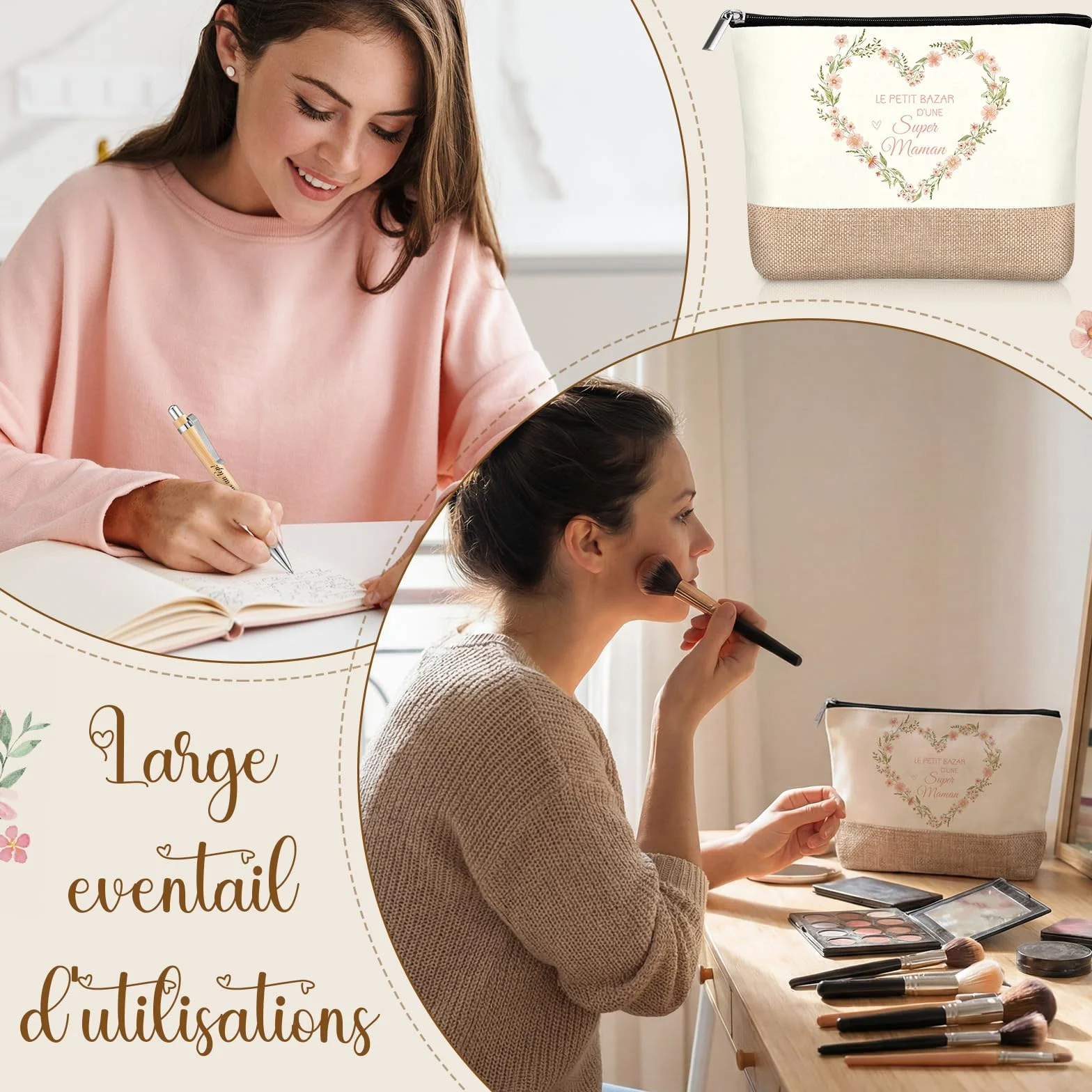 Coffret Cadeau pour Maman Trousse de Maquillage Porte-Clés Stylo à Bille Carte de vœux en Bois en Forme de cœur Enveloppes Fête des Mères Anniversaire Noël