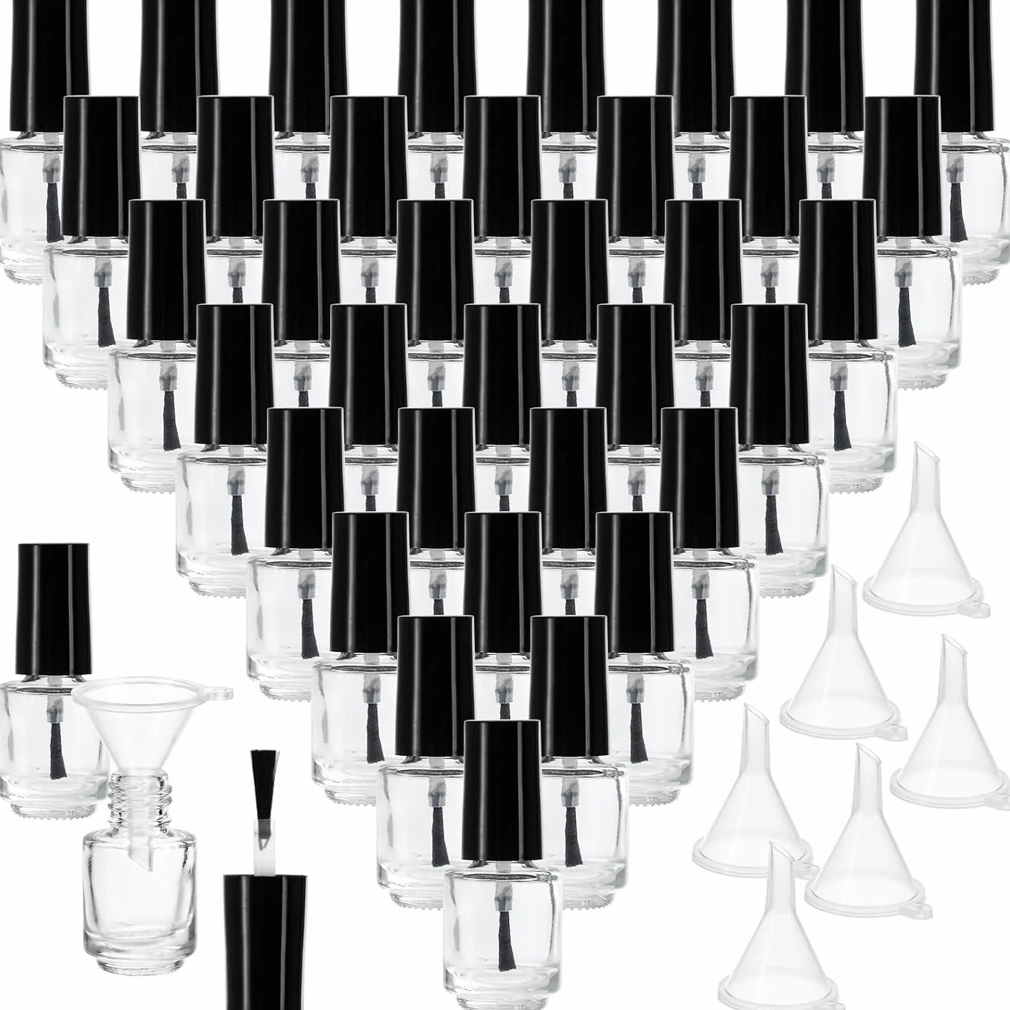 ZENFUN Lot de 50 flacons de vernis à ongles vides de 5 ml avec bouchon pinceau, récipients transparents pour vernis à ongles avec 6 entonnoirs en vrac, flacons rechargeables en verre pour nail art