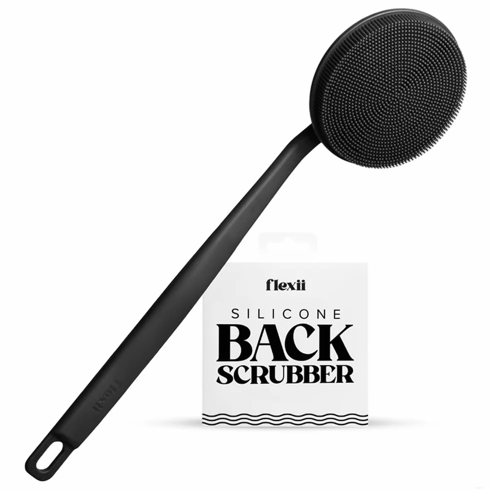 flexii® Brosse à dos en silicone – Brosse à dos à manche extra long de qualité supérieure pour douche, exfoliante en profondeur, nettoyage en profondeur, durable pour homme et femme