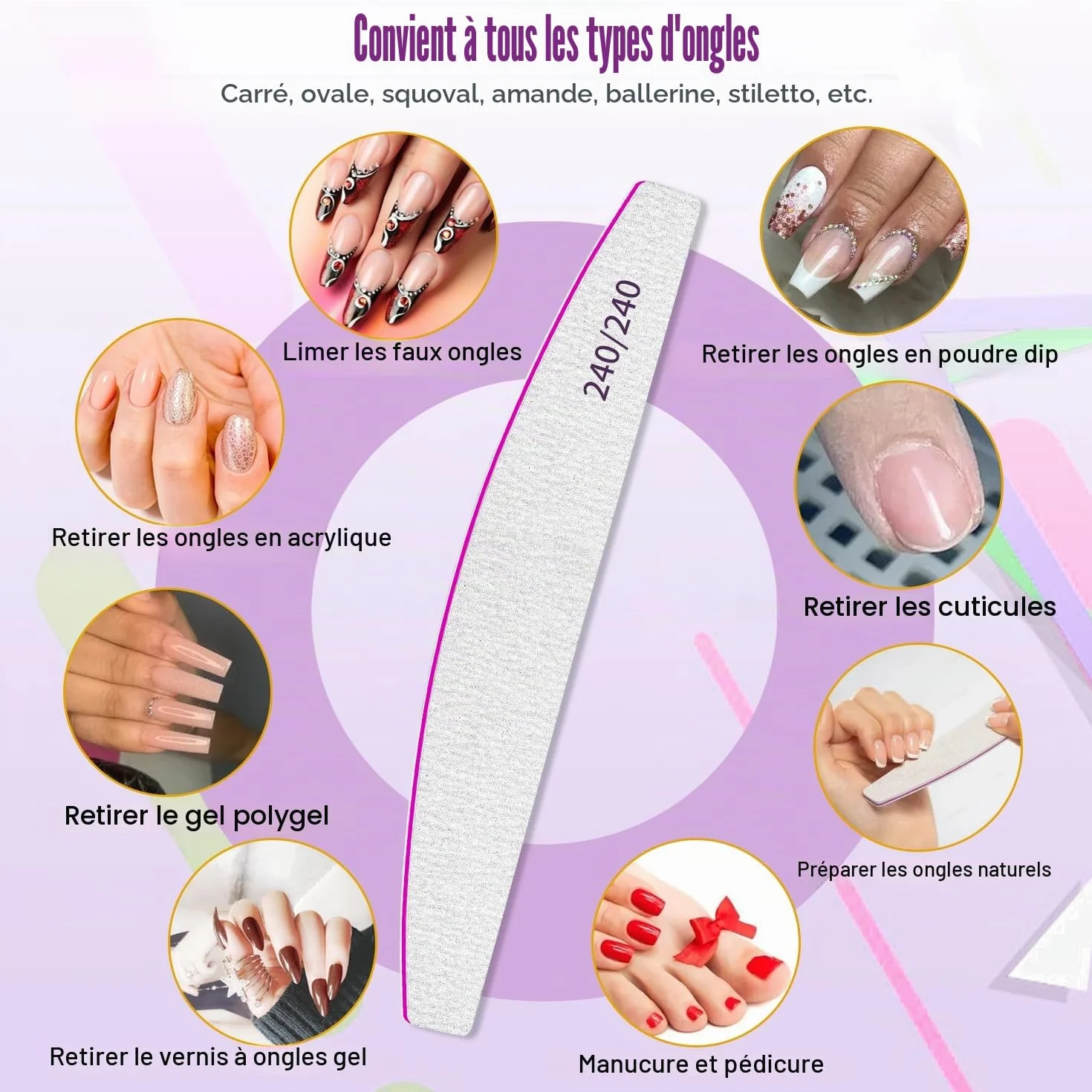 Limes à ongles professionnelles 240/240 double face émeri lot de 12