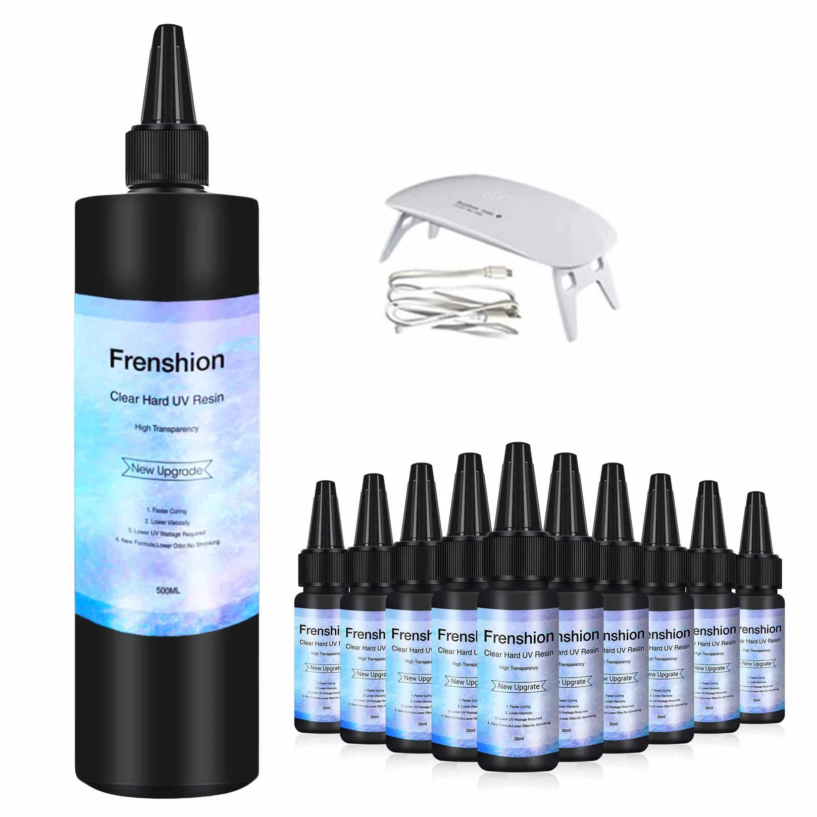 Lampe incluse-500G de résine UV + 10 pièces 30ML Mise à niveau en une minute Cure rapide ! Résine époxy cristalline de type dur pour faire de l'artisanat