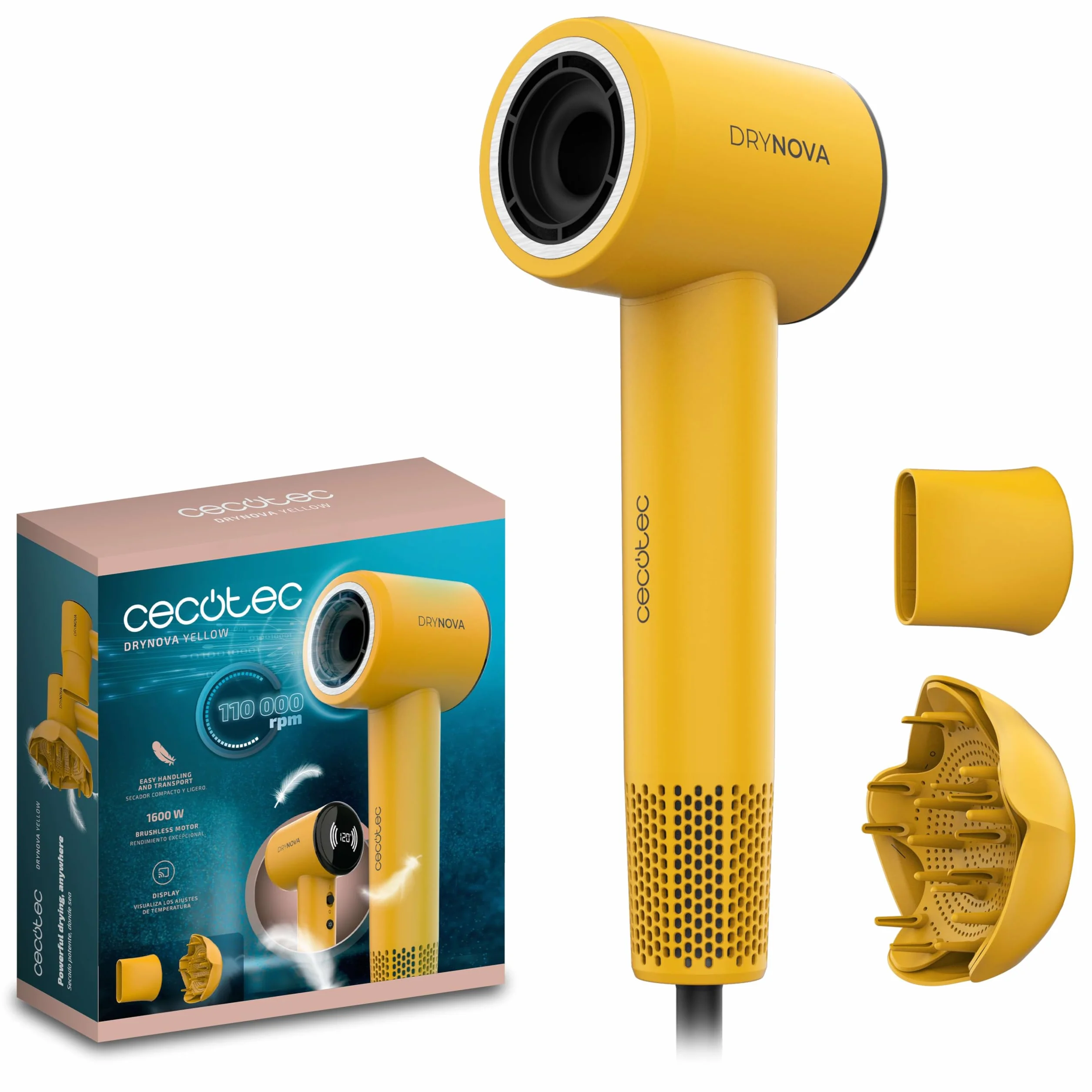 Cecotec Sèche-cheveux Compact et Léger DryNova Yellow Sun. 1600W, 110000RPM, Moteur Brushless, Diffuseur et Concentrateur, Générateur d'Ions, Silencieux et Durable, 4 Réglages de Température